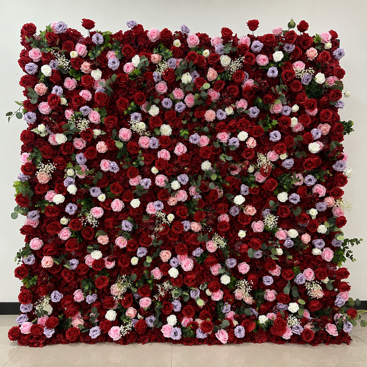 Red Rose Greenery Red Rose Greenery Artificial Flower Wall Backdrop, 94.5 x 94.5 in