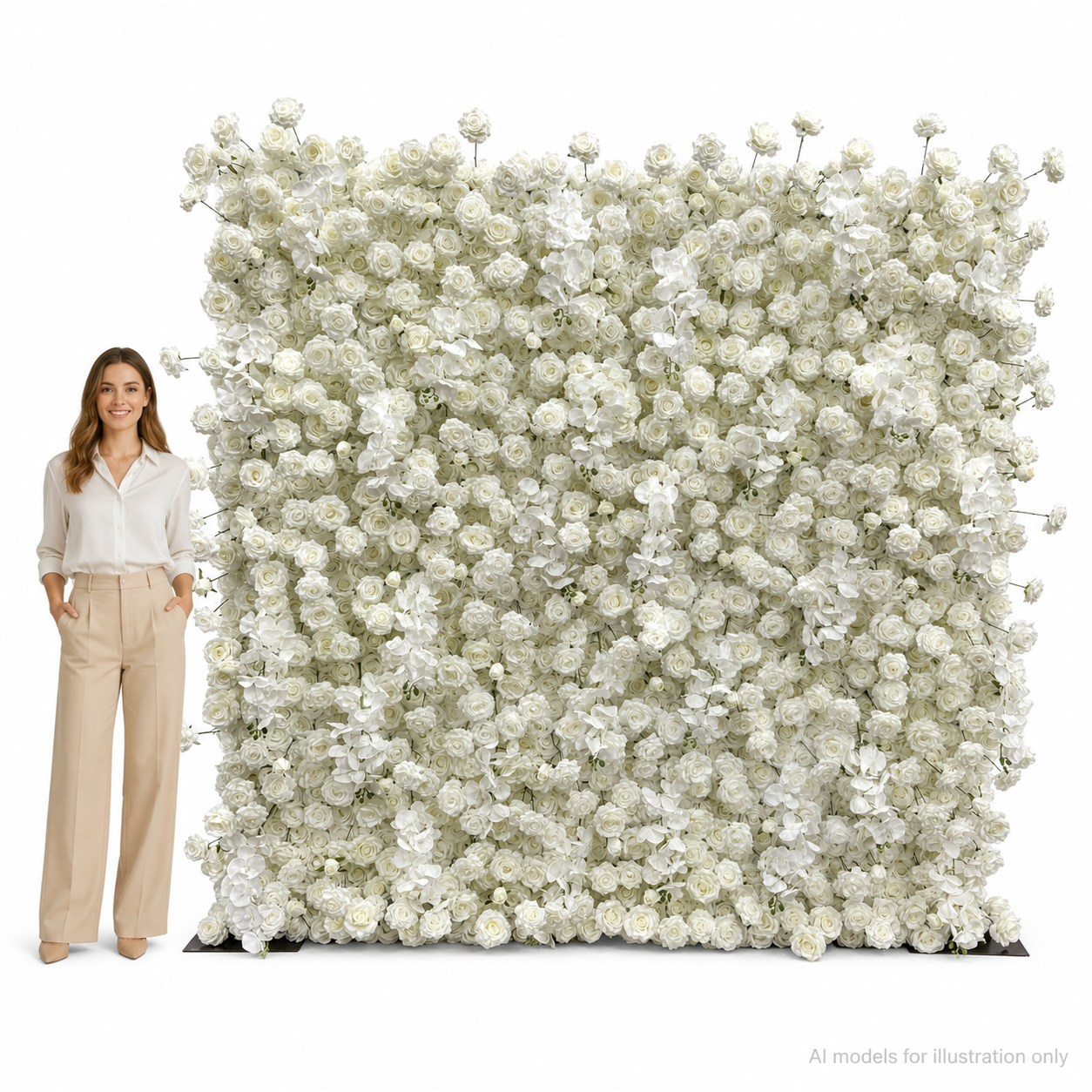 Pure White Orchid Rose	Pure White Artificial Flower Wall Backdrop, 94.5 x 94.5 in, Frame