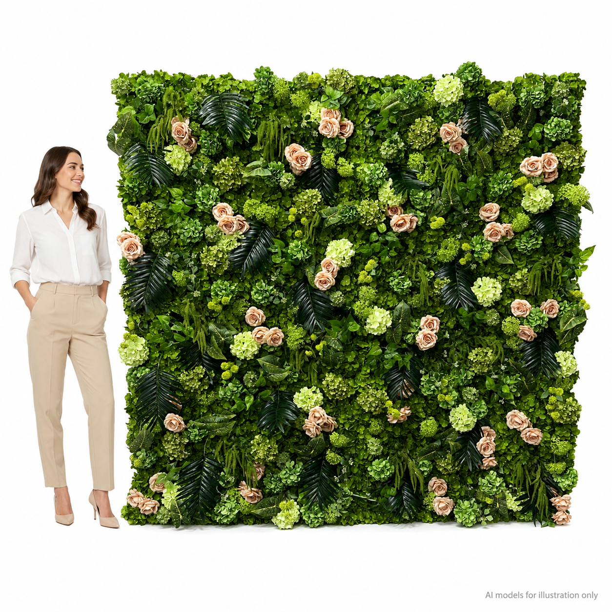 Green Champagne Rose	Green Champagne Artificial Flower Wall Backdrop, 94.5 x 94.5 in