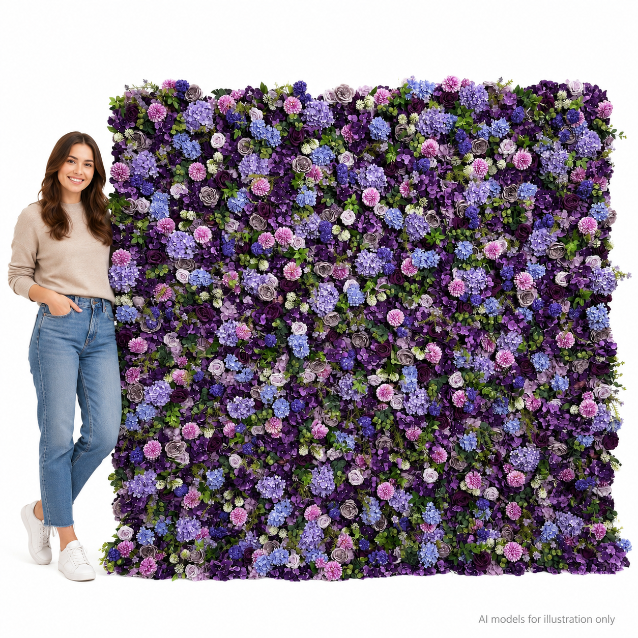 Lavender Purple Hydrangea	Lavender Purple Artificial Flower Wall Backdrop, 94.5 x 94.5 in