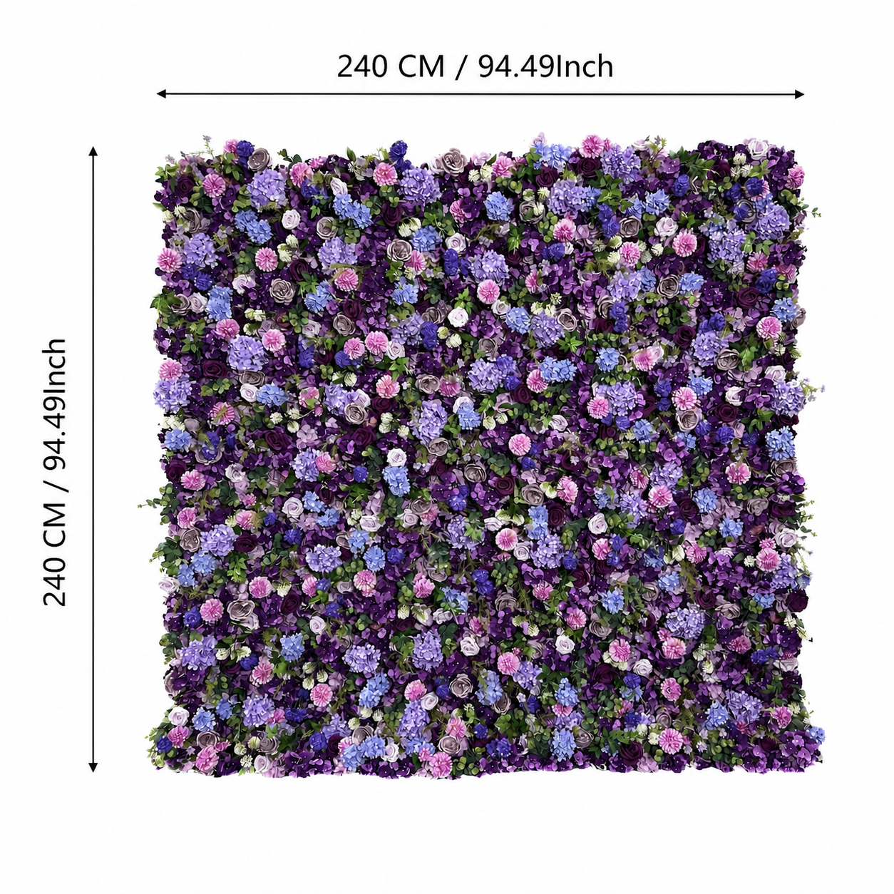 Lavender Purple Hydrangea	Lavender Purple Artificial Flower Wall Backdrop, 94.5 x 94.5 in