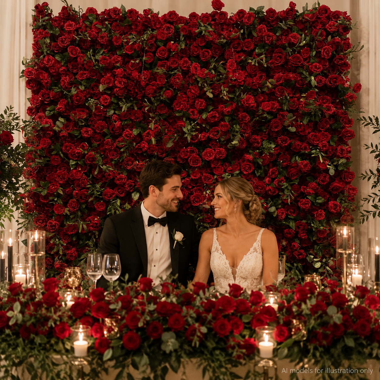 Red Rose Greenery	Red Rose Greenery Artificial Flower Wall Backdrop, 94.5 x 94.5 in 
