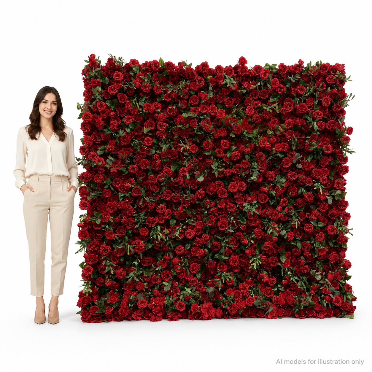 Red Rose Greenery	Red Rose Greenery Artificial Flower Wall Backdrop, 94.5 x 94.5 in 
