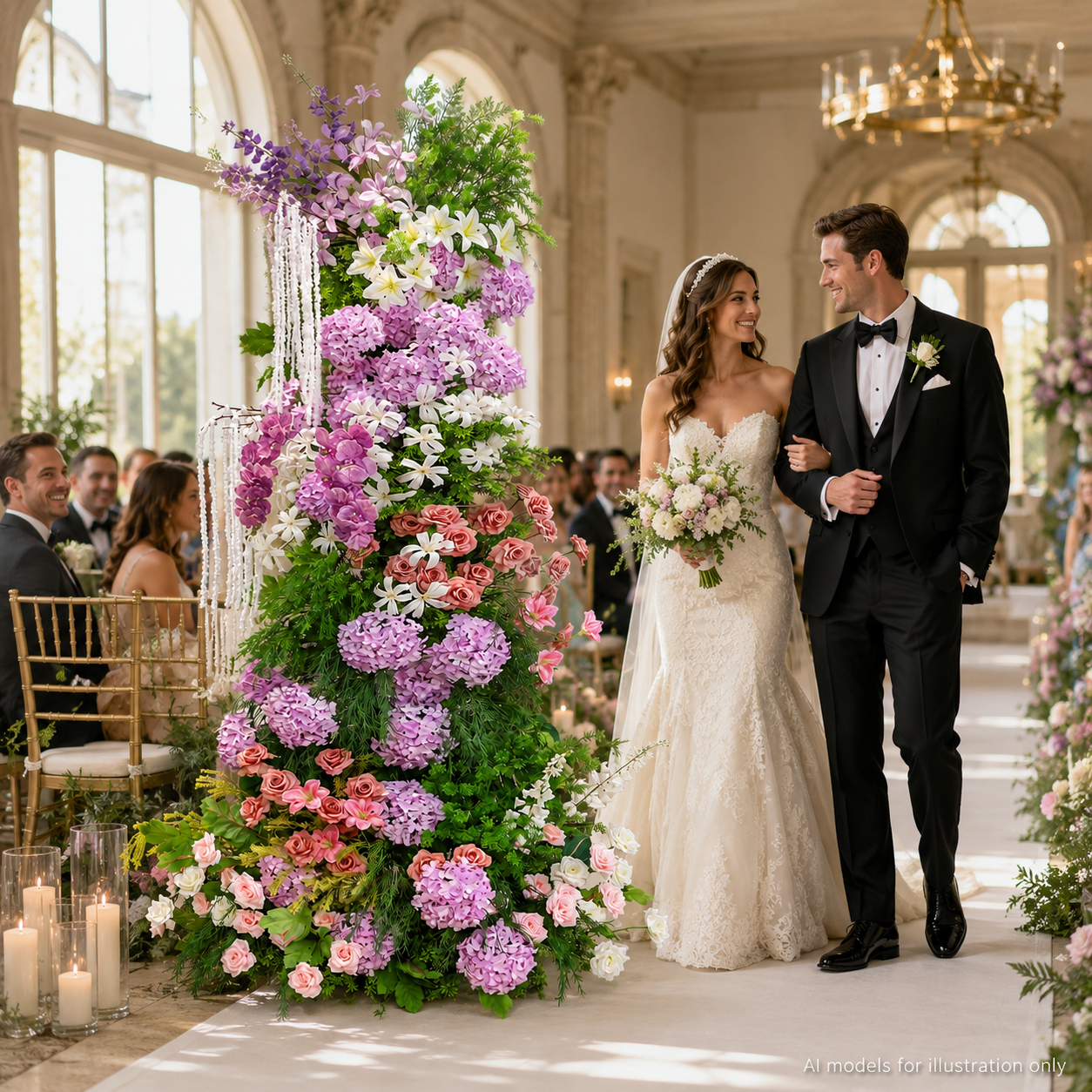 8.5ft Tall Wedding Flower Pillar, Pastel Purple Pink Silk Floral Arrangement for Photo Booth, Sweetheart Table & Ceremony Decor, Frame Not Included