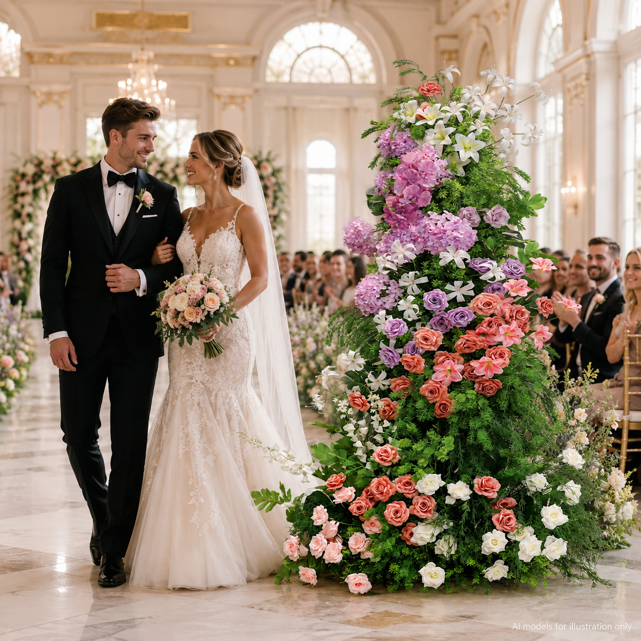 260cm Tall Wedding Floral Pillar Arrangement, Artificial Pink Purple White Flower Stand, Freestanding Floral Column Backdrop for Ceremony Aisle Head Table Decor, No Stand Included