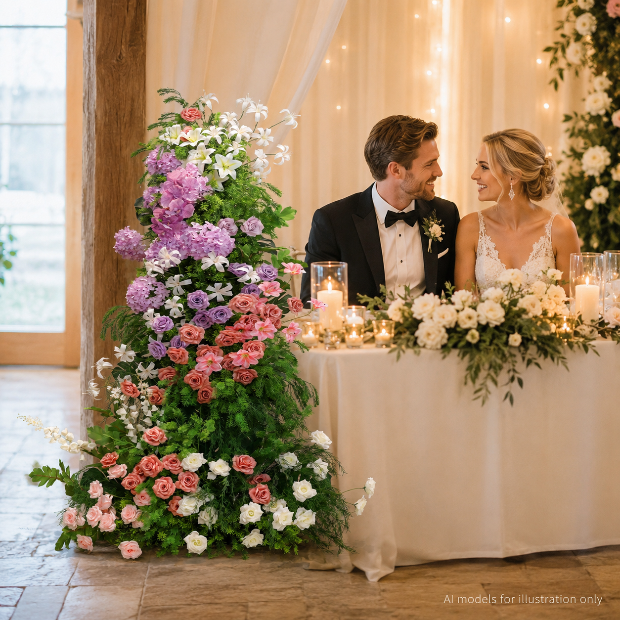 260cm Tall Wedding Floral Pillar Arrangement, Artificial Pink Purple White Flower Stand, Freestanding Floral Column Backdrop for Ceremony Aisle Head Table Decor, No Stand Included