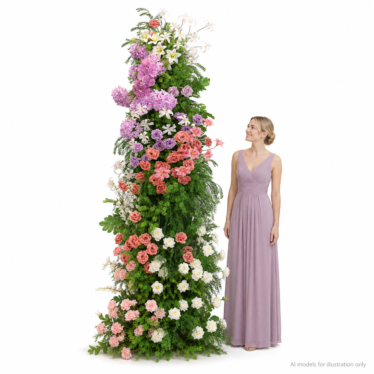 260cm Tall Wedding Floral Pillar Arrangement, Artificial Pink Purple White Flower Stand, Freestanding Floral Column Backdrop for Ceremony Aisle Head Table Decor, No Stand Included