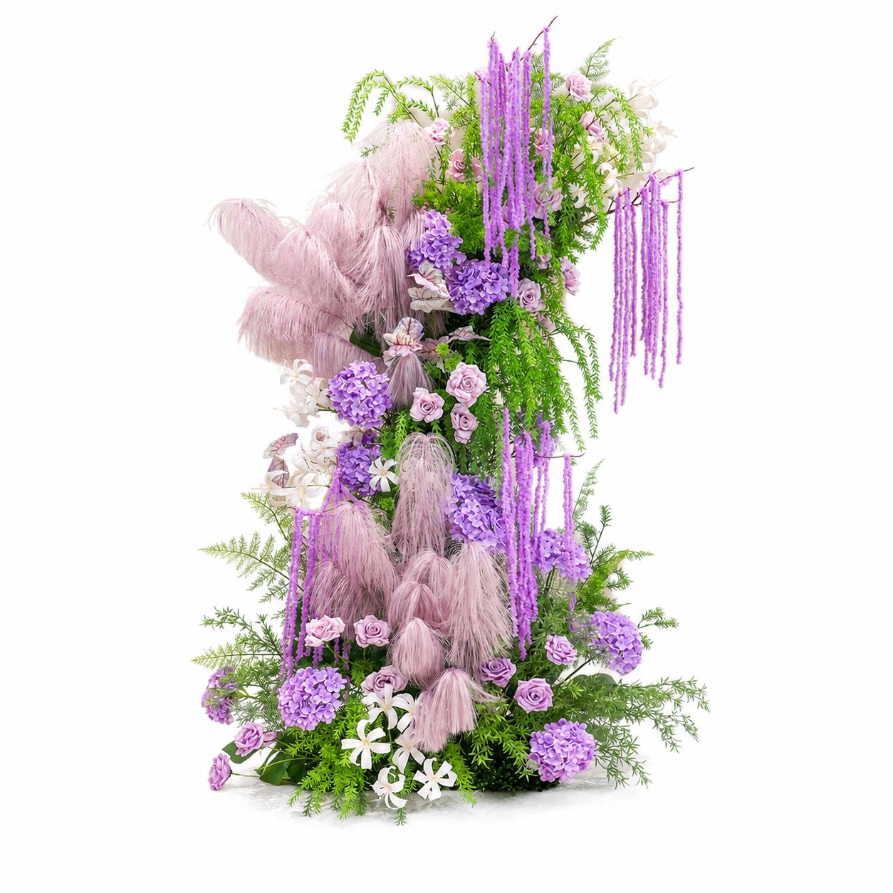 260cm Lavender Pink Pampas Grass Floral Pillar Arrangement, Artificial Purple Hydrangea Rose Vertical Flower Column, Wedding Aisle Sweetheart Table Floral Backdrop Decor, Stand Not Included