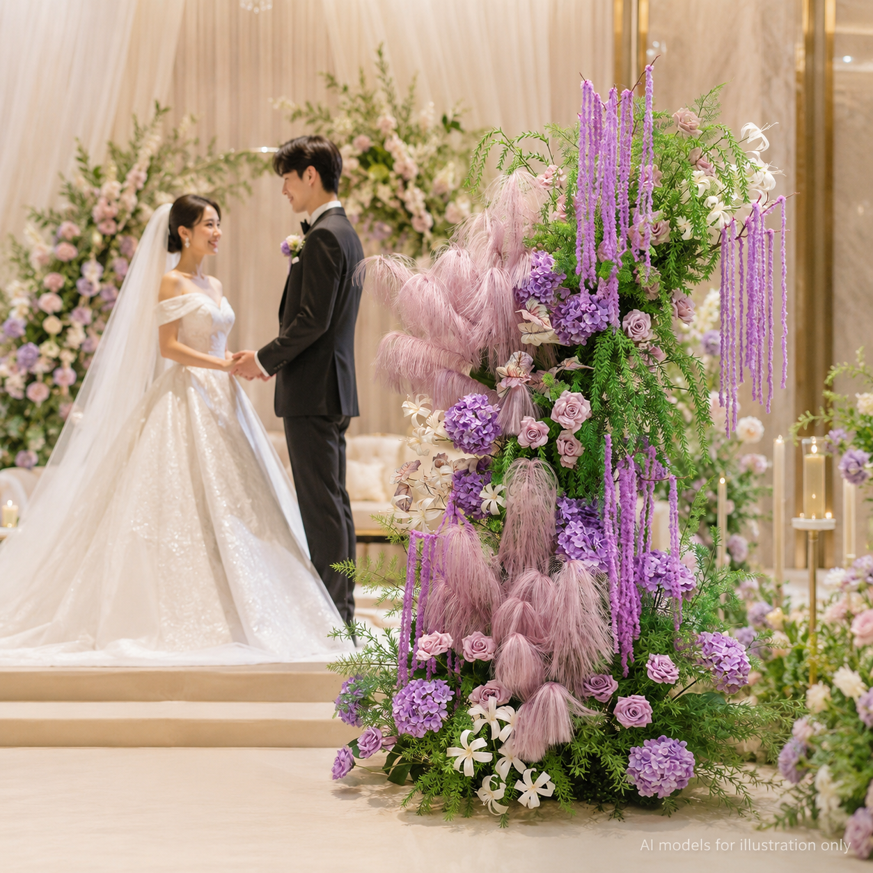 260cm Lavender Pink Pampas Grass Floral Pillar Arrangement, Artificial Purple Hydrangea Rose Vertical Flower Column, Wedding Aisle Sweetheart Table Floral Backdrop Decor, Stand Not Included