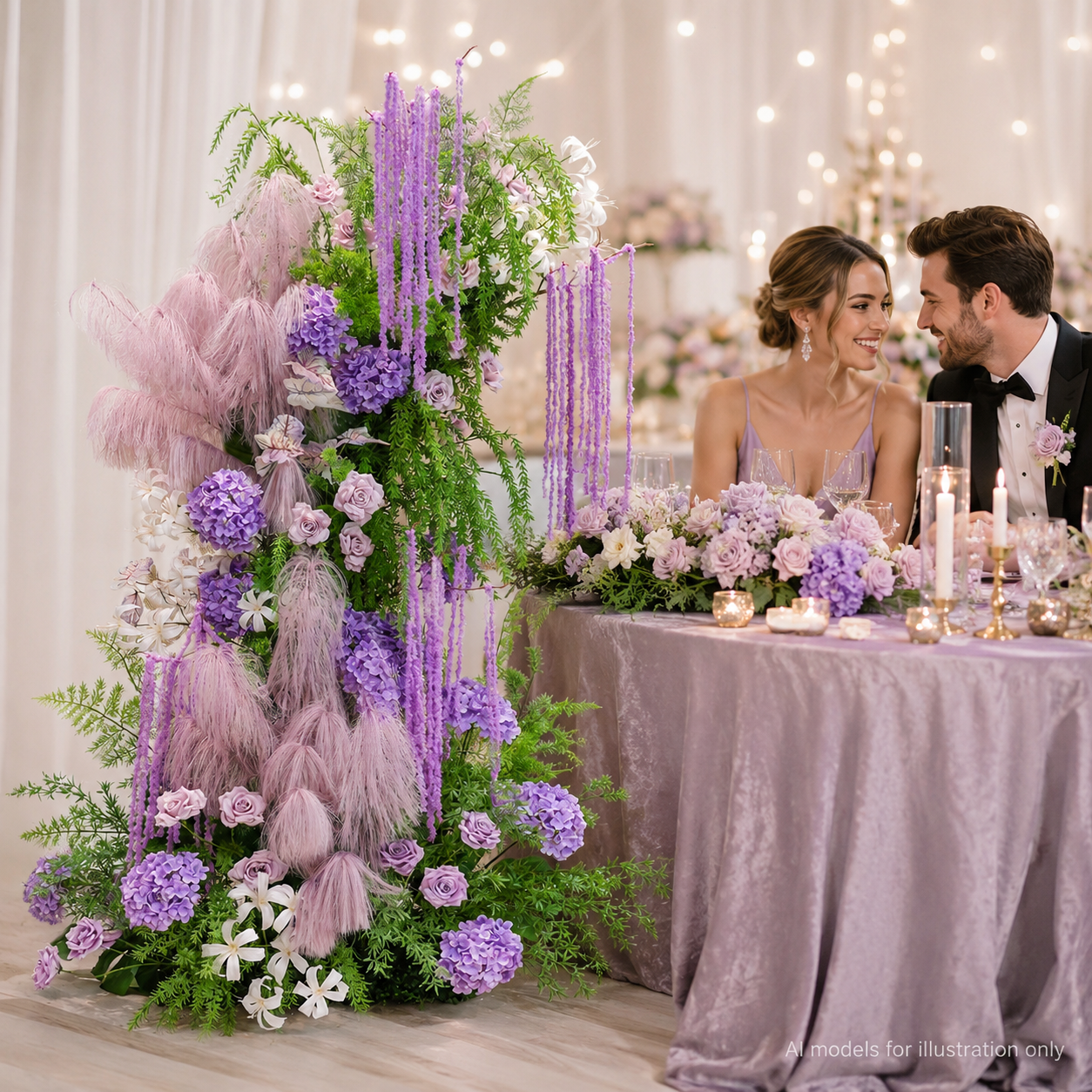 260cm Lavender Pink Pampas Grass Floral Pillar Arrangement, Artificial Purple Hydrangea Rose Vertical Flower Column, Wedding Aisle Sweetheart Table Floral Backdrop Decor, Stand Not Included