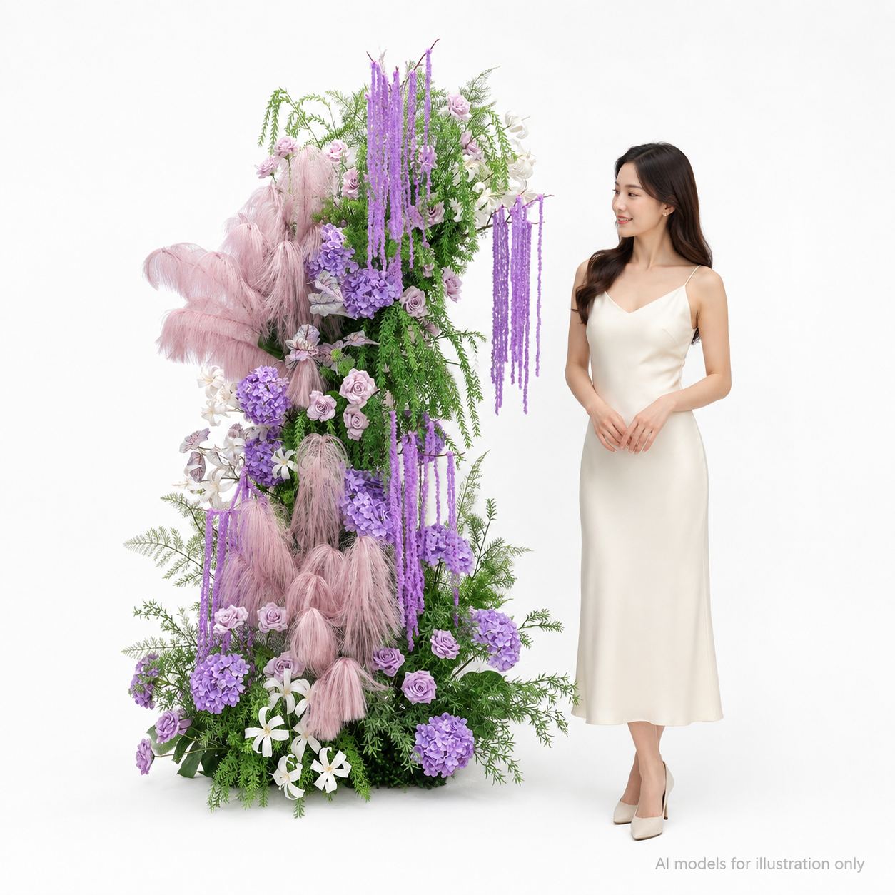 260cm Lavender Pink Pampas Grass Floral Pillar Arrangement, Artificial Purple Hydrangea Rose Vertical Flower Column, Wedding Aisle Sweetheart Table Floral Backdrop Decor, Stand Not Included