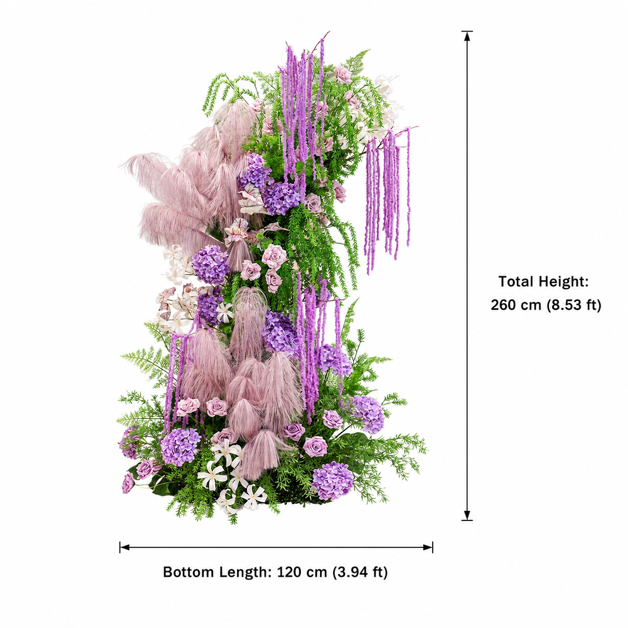 260cm Lavender Pink Pampas Grass Floral Pillar Arrangement, Artificial Purple Hydrangea Rose Vertical Flower Column, Wedding Aisle Sweetheart Table Floral Backdrop Decor, Stand Not Included
