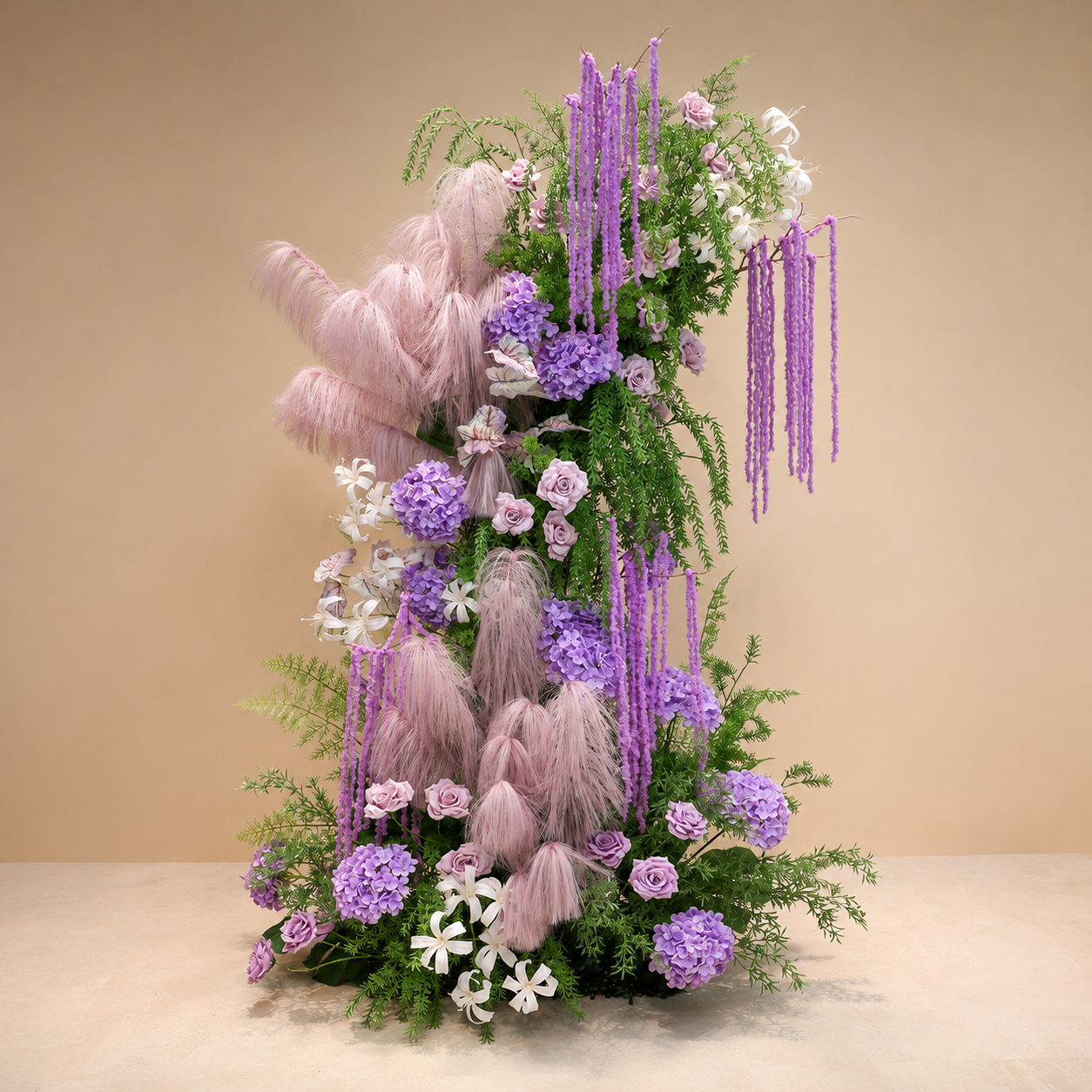 260cm Lavender Pink Pampas Grass Floral Pillar Arrangement, Artificial Purple Hydrangea Rose Vertical Flower Column, Wedding Aisle Sweetheart Table Floral Backdrop Decor, Stand Not Included