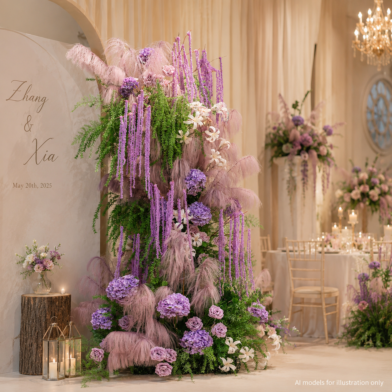 260cm Tall Purple Pampas Grass Floral Pillar Arrangement, Artificial Lavender Rose Hydrangea Vertical Flower Column, Wedding Backdrop Aisle Sweetheart Table Floral Decor, Stand Not Included