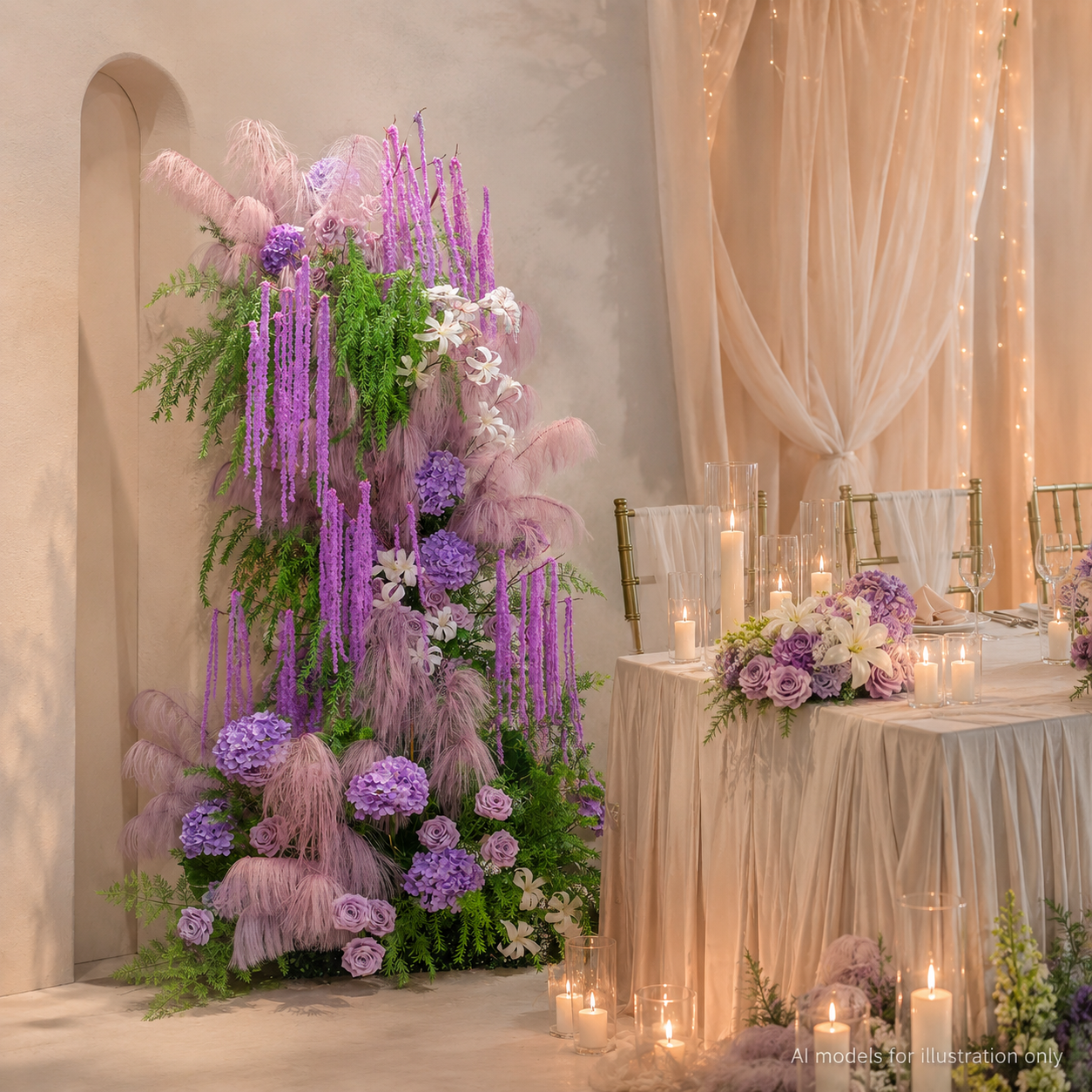260cm Tall Purple Pampas Grass Floral Pillar Arrangement, Artificial Lavender Rose Hydrangea Vertical Flower Column, Wedding Backdrop Aisle Sweetheart Table Floral Decor, Stand Not Included