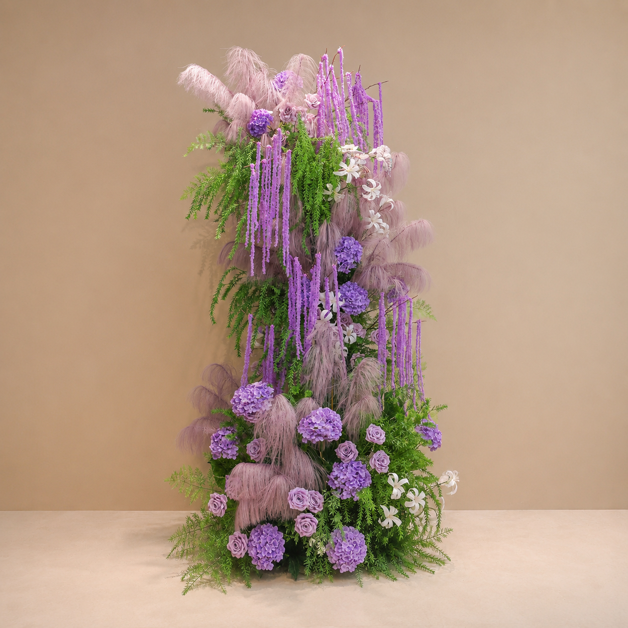 260cm Tall Purple Pampas Grass Floral Pillar Arrangement, Artificial Lavender Rose Hydrangea Vertical Flower Column, Wedding Backdrop Aisle Sweetheart Table Floral Decor, Stand Not Included