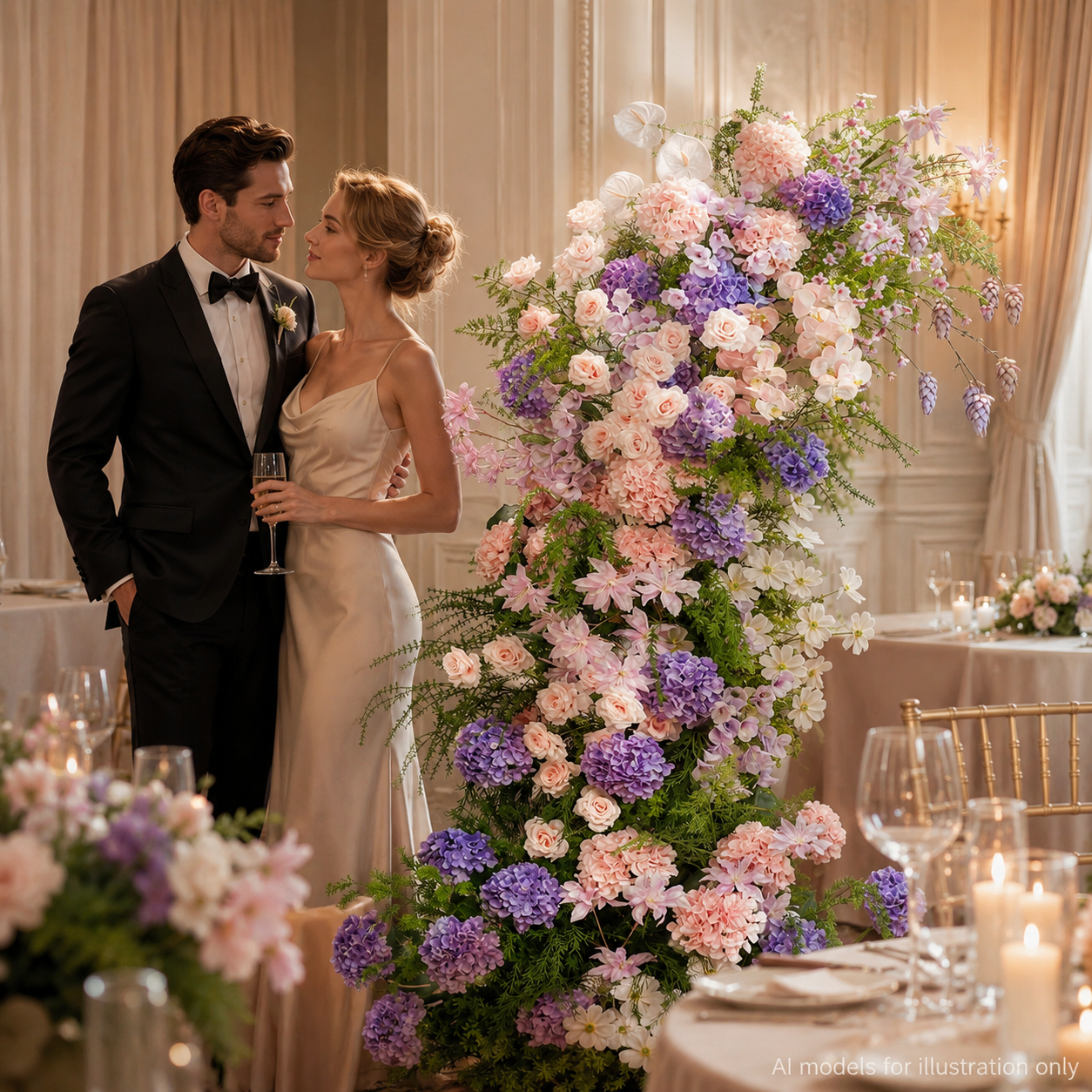 260cm Pink Purple Hydrangea Floral Pillar Arrangement, Artificial Blush Rose Vertical Flower Column, Wedding Aisle Sweetheart Table Floral Backdrop Decor, Stand Not Included