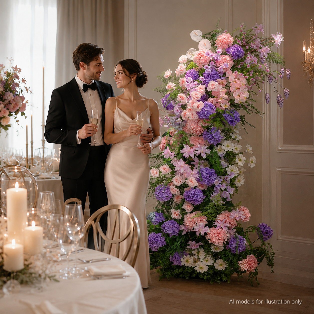 260cm Pink Purple Hydrangea Floral Pillar Arrangement, Artificial Blush Rose Vertical Flower Column, Wedding Aisle Sweetheart Table Floral Backdrop Decor, Stand Not Included