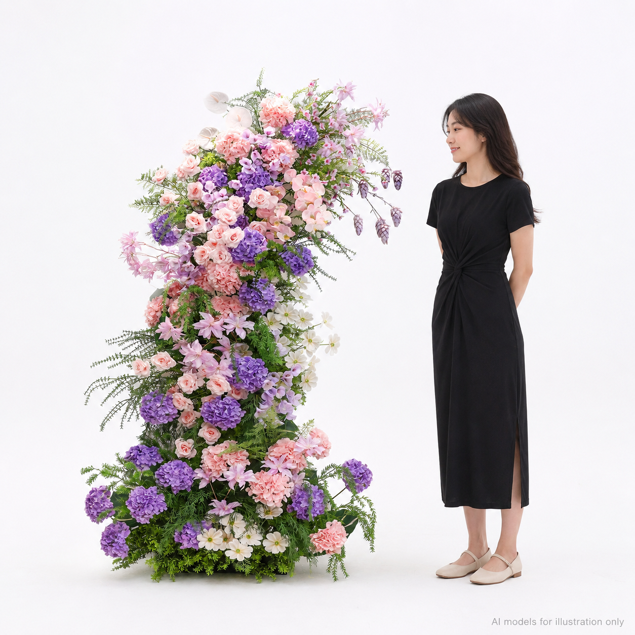 260cm Pink Purple Hydrangea Floral Pillar Arrangement, Artificial Blush Rose Vertical Flower Column, Wedding Aisle Sweetheart Table Floral Backdrop Decor, Stand Not Included