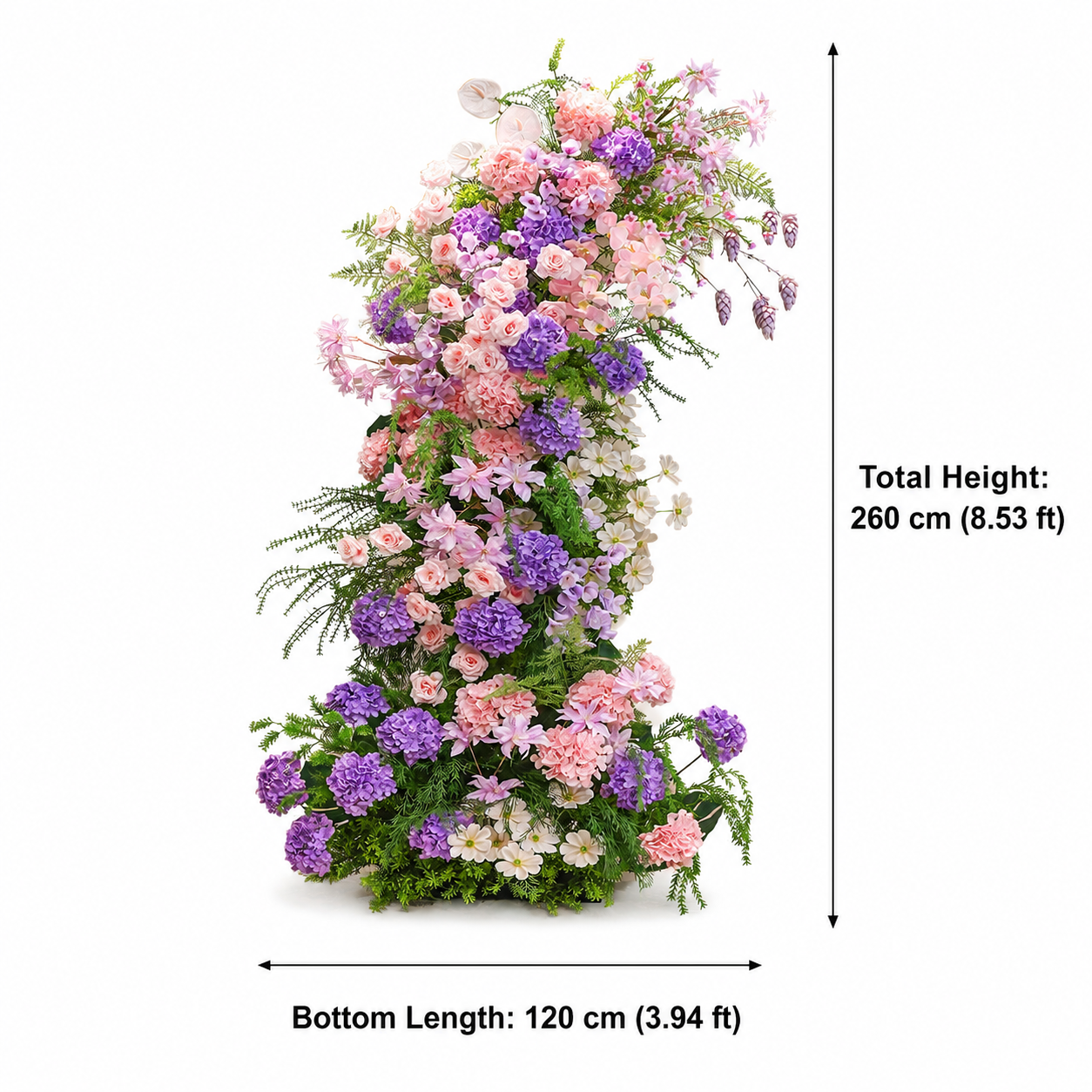 260cm Pink Purple Hydrangea Floral Pillar Arrangement, Artificial Blush Rose Vertical Flower Column, Wedding Aisle Sweetheart Table Floral Backdrop Decor, Stand Not Included