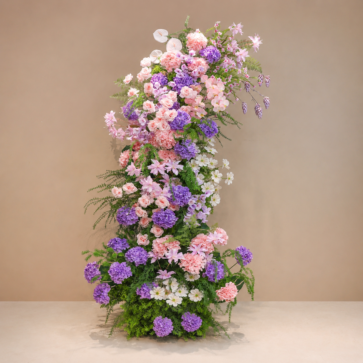 260cm Pink Purple Hydrangea Floral Pillar Arrangement, Artificial Blush Rose Vertical Flower Column, Wedding Aisle Sweetheart Table Floral Backdrop Decor, Stand Not Included