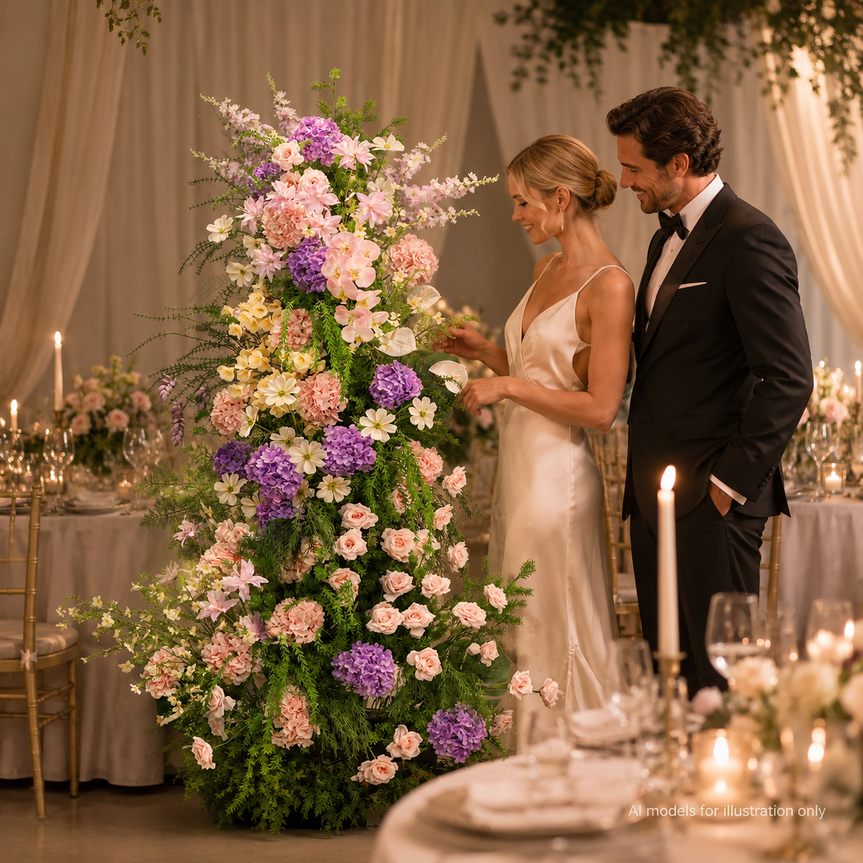 260cm Blush Pink Purple Hydrangea Floral Pillar Arrangement, Artificial Rose Anthurium Vertical Flower Column, Wedding Aisle Sweetheart Table Floral Backdrop Decor, Stand Not Included
