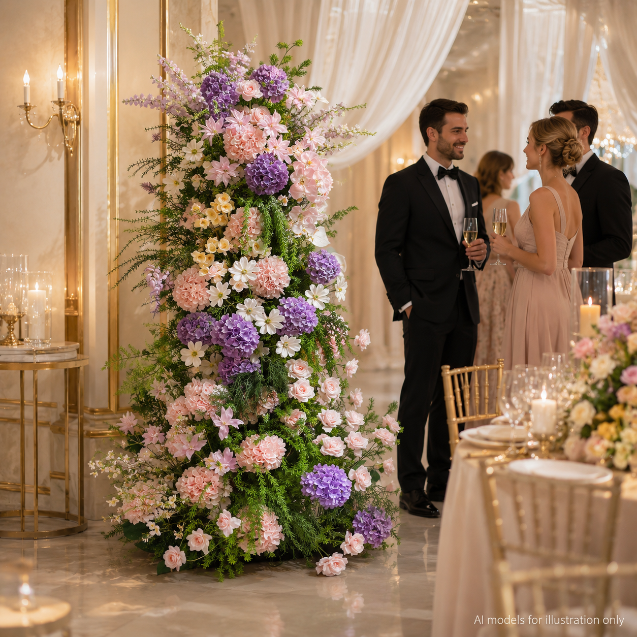 260cm Blush Pink Purple Hydrangea Floral Pillar Arrangement, Artificial Rose Anthurium Vertical Flower Column, Wedding Aisle Sweetheart Table Floral Backdrop Decor, Stand Not Included