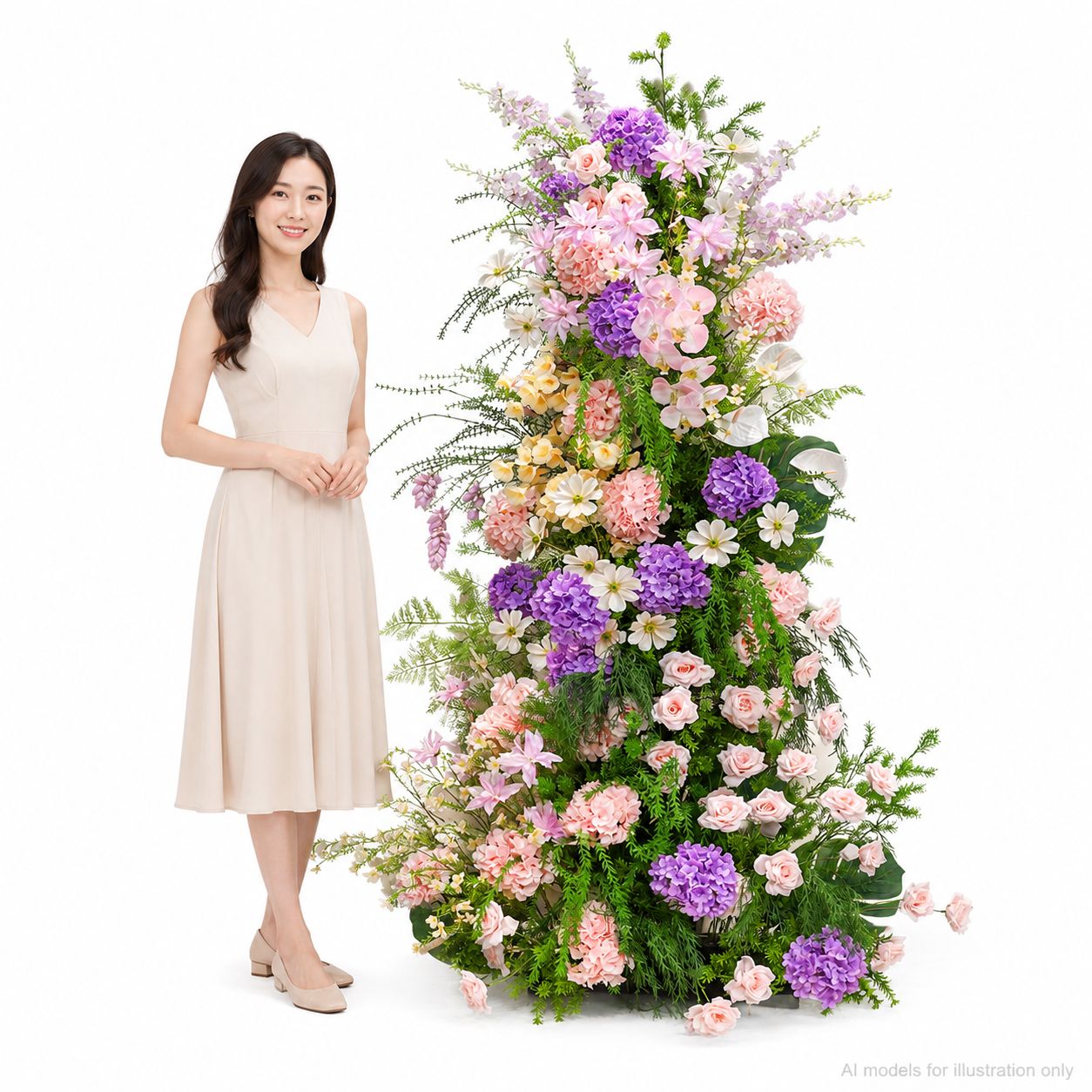 260cm Blush Pink Purple Hydrangea Floral Pillar Arrangement, Artificial Rose Anthurium Vertical Flower Column, Wedding Aisle Sweetheart Table Floral Backdrop Decor, Stand Not Included