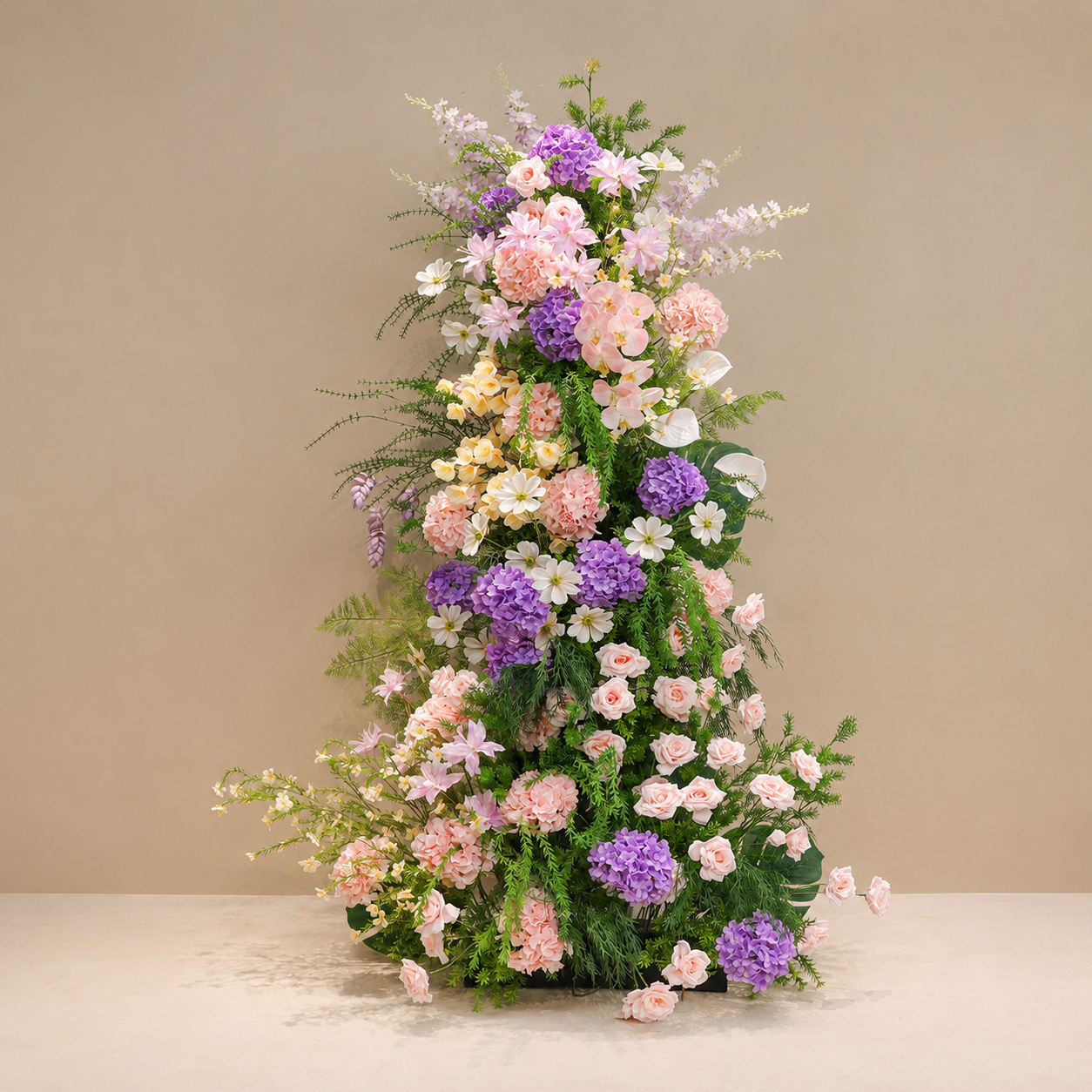 260cm Blush Pink Purple Hydrangea Floral Pillar Arrangement, Artificial Rose Anthurium Vertical Flower Column, Wedding Aisle Sweetheart Table Floral Backdrop Decor, Stand Not Included