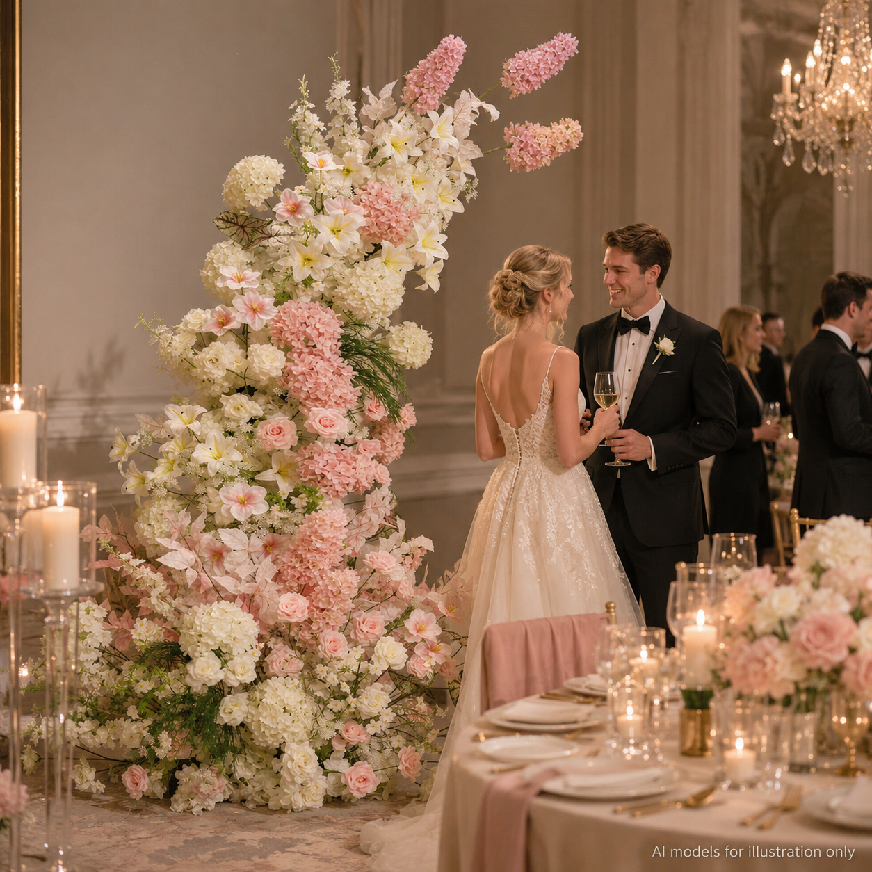 260cm Blush Pink White Asymmetrical Floral Pillar Arrangement, Artificial Hydrangea Lily Vertical Flower Column, Wedding Aisle Sweetheart Table Floral Backdrop Decor, Stand Not Included