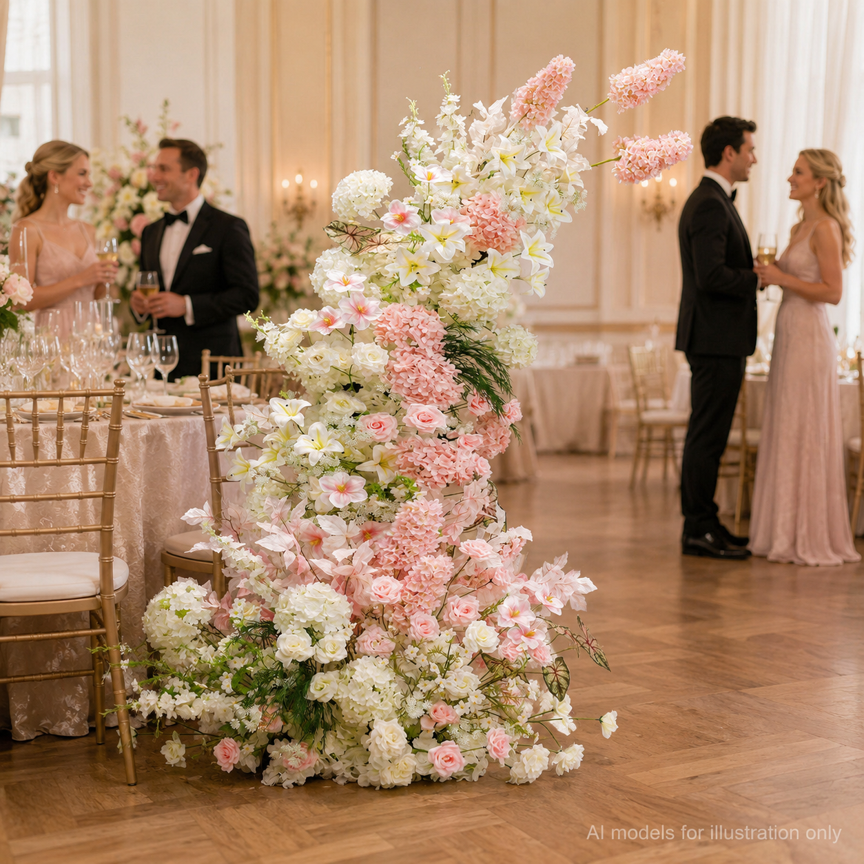 260cm Blush Pink White Asymmetrical Floral Pillar Arrangement, Artificial Hydrangea Lily Vertical Flower Column, Wedding Aisle Sweetheart Table Floral Backdrop Decor, Stand Not Included