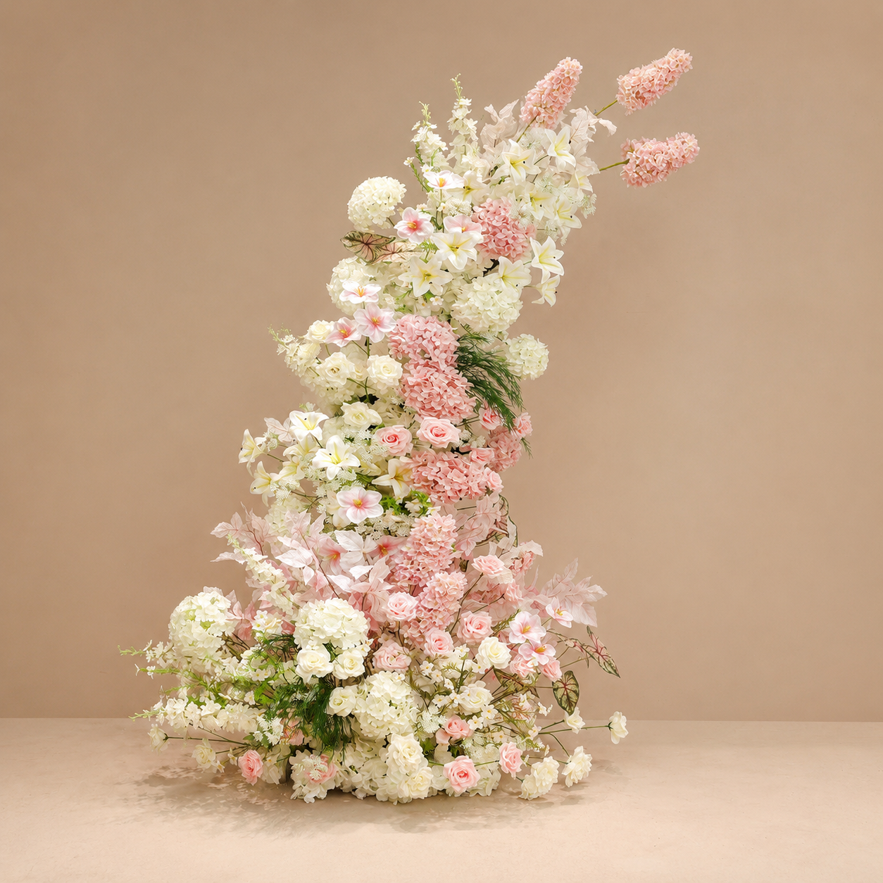 260cm Blush Pink White Asymmetrical Floral Pillar Arrangement, Artificial Hydrangea Lily Vertical Flower Column, Wedding Aisle Sweetheart Table Floral Backdrop Decor, Stand Not Included