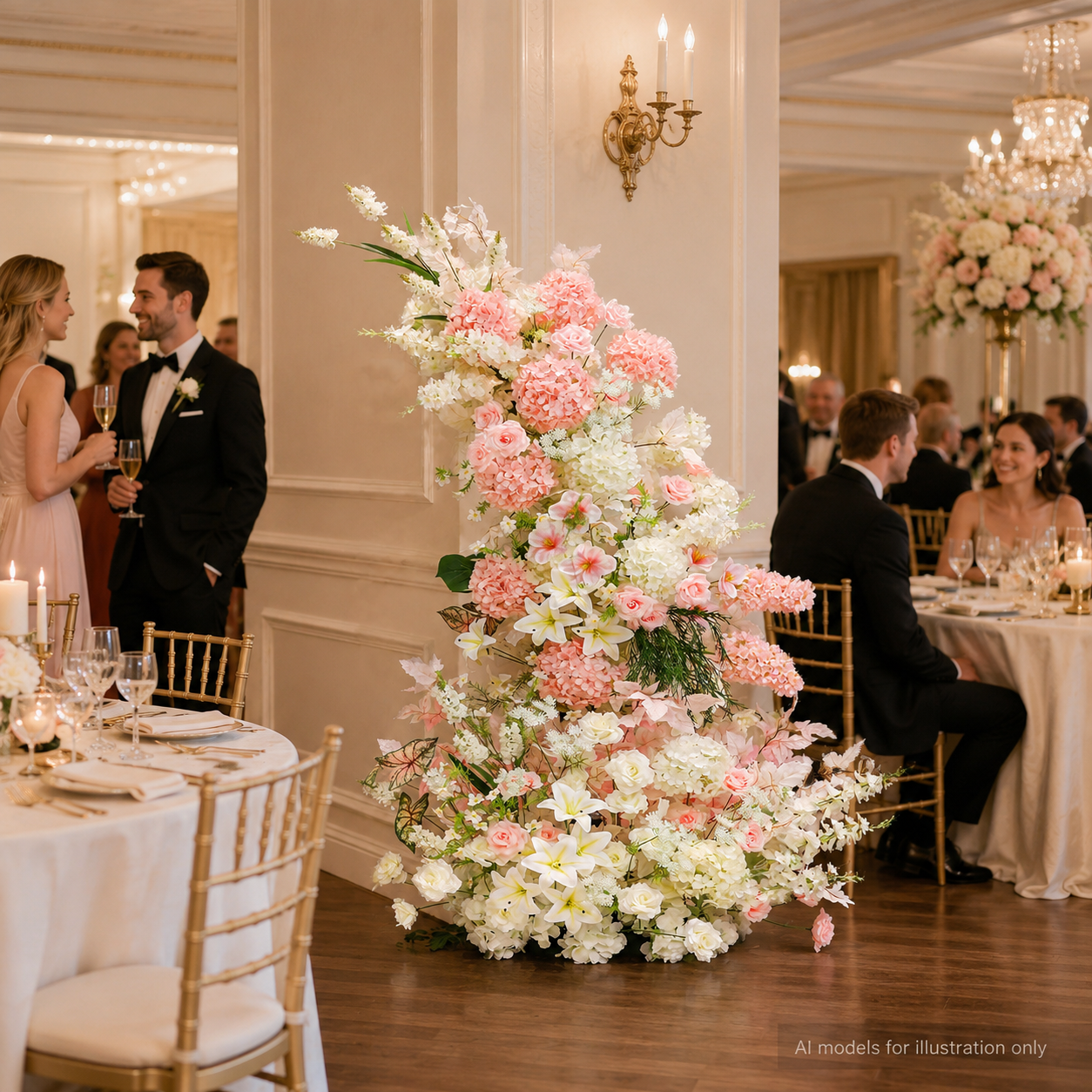 260cm Pink White Asymmetrical Floral Pillar Arrangement, Artificial Hydrangea Lily Rose Vertical Flower Column, Wedding Aisle Sweetheart Table Floral Backdrop Decor, Stand Not Included