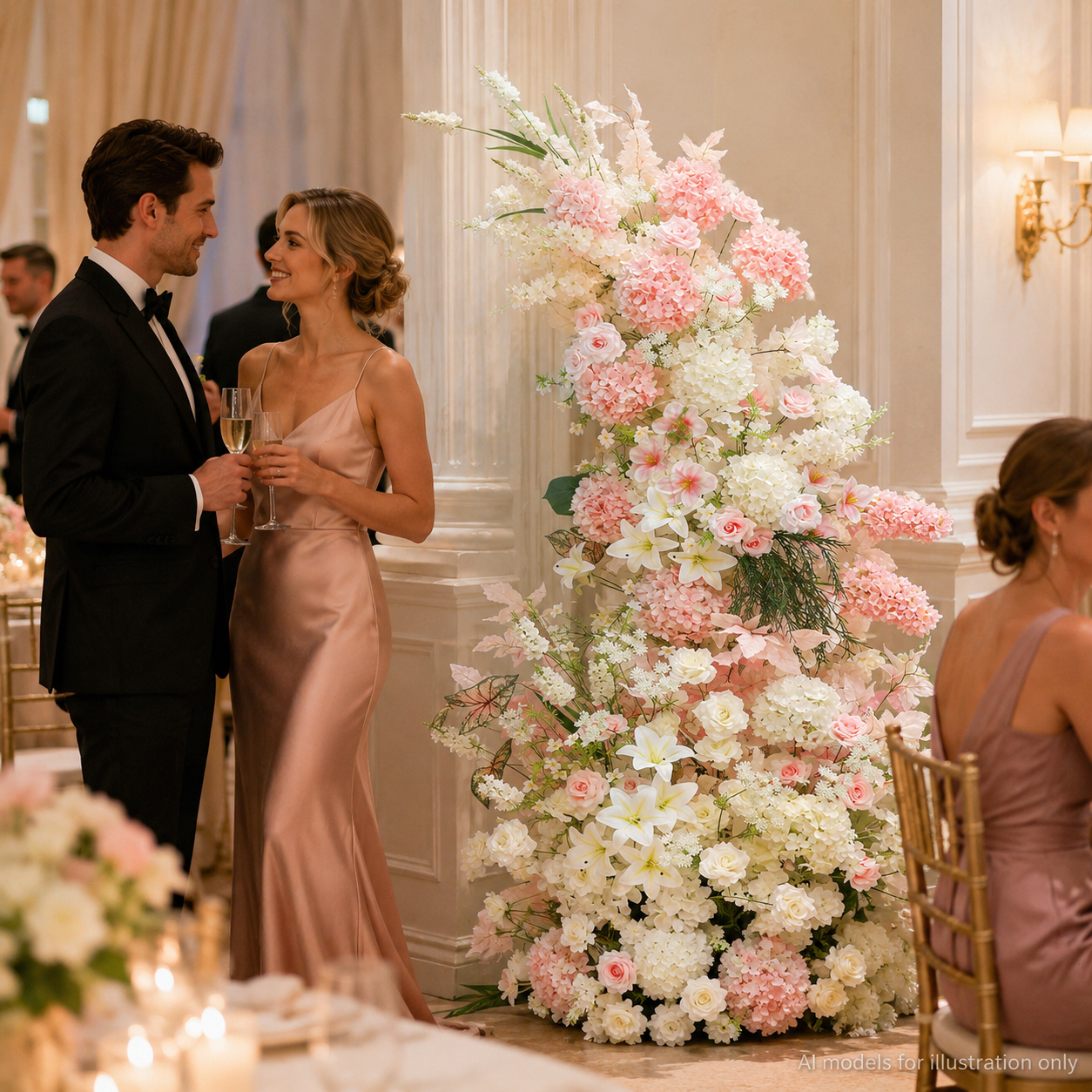 260cm Pink White Asymmetrical Floral Pillar Arrangement, Artificial Hydrangea Lily Rose Vertical Flower Column, Wedding Aisle Sweetheart Table Floral Backdrop Decor, Stand Not Included