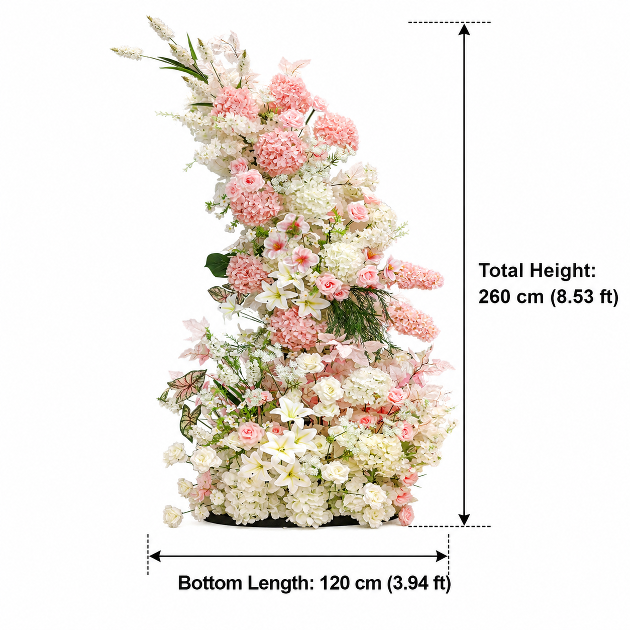 260cm Pink White Asymmetrical Floral Pillar Arrangement, Artificial Hydrangea Lily Rose Vertical Flower Column, Wedding Aisle Sweetheart Table Floral Backdrop Decor, Stand Not Included