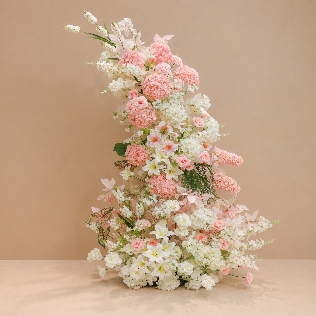 260cm Pink White Asymmetrical Floral Pillar Arrangement, Artificial Hydrangea Lily Rose Vertical Flower Column, Wedding Aisle Sweetheart Table Floral Backdrop Decor, Stand Not Included