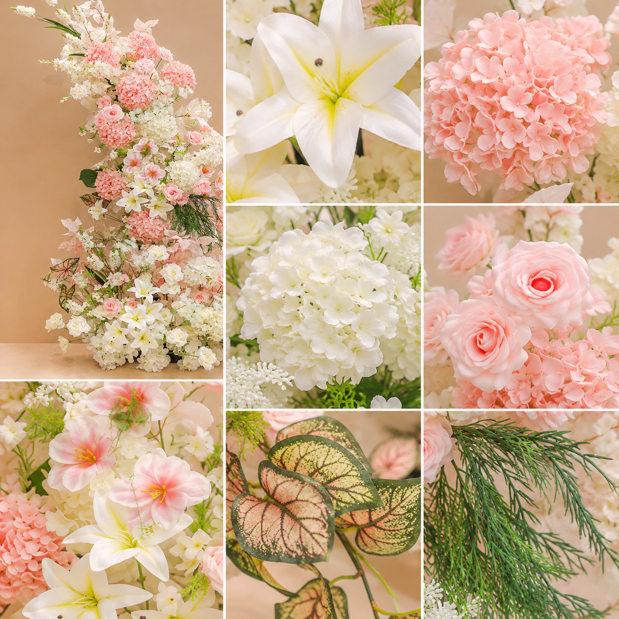 260cm Pink White Asymmetrical Floral Pillar Arrangement, Artificial Hydrangea Lily Rose Vertical Flower Column, Wedding Aisle Sweetheart Table Floral Backdrop Decor, Stand Not Included