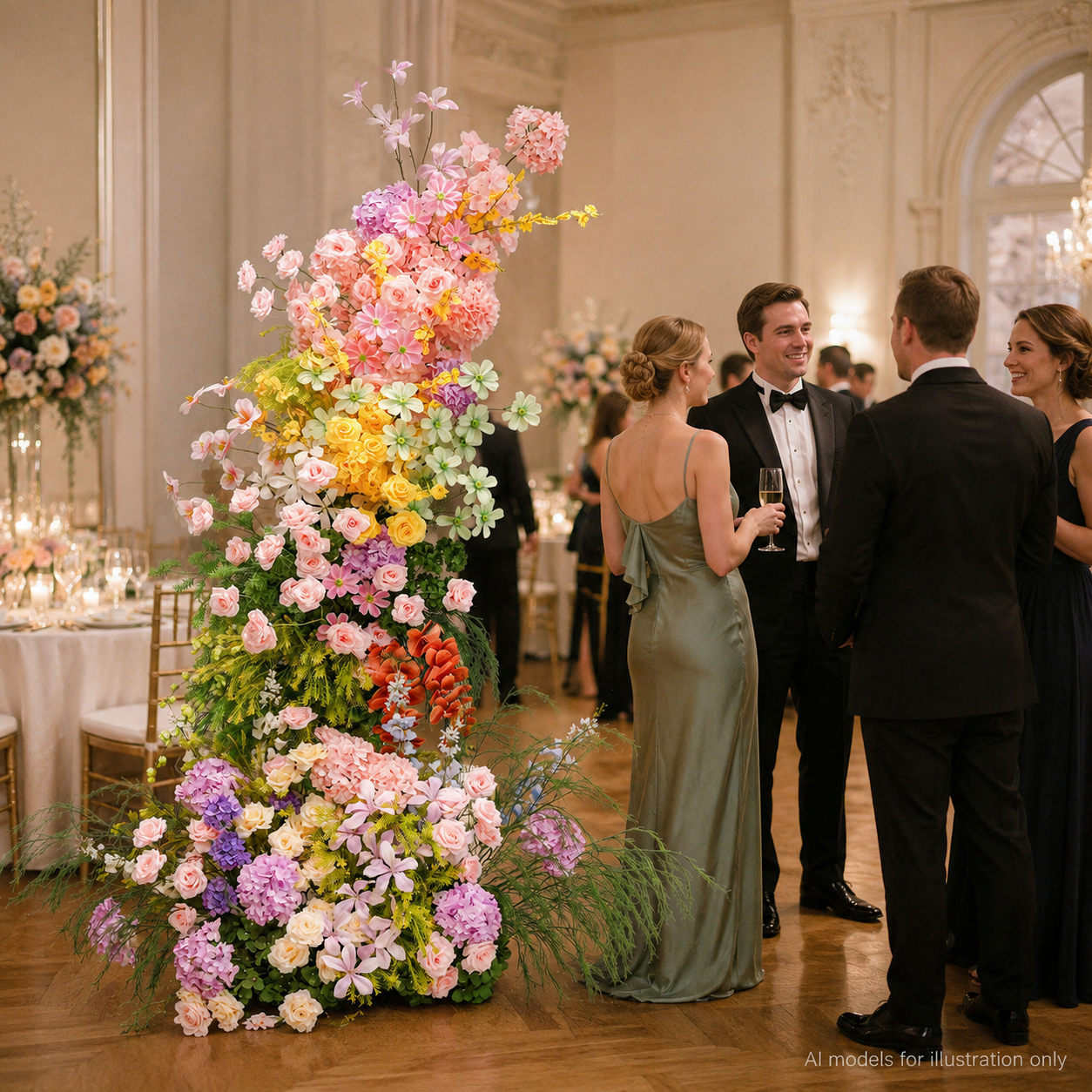 260cm Rainbow Multicolor Asymmetrical Floral Pillar Arrangement, Artificial Pink Yellow Purple Hydrangea Rose Vertical Flower Column, Wedding Aisle Sweetheart Table Floral Backdrop Decor, Stand Not Included