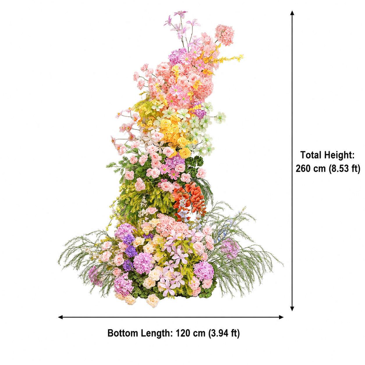 260cm Rainbow Multicolor Asymmetrical Floral Pillar Arrangement, Artificial Pink Yellow Purple Hydrangea Rose Vertical Flower Column, Wedding Aisle Sweetheart Table Floral Backdrop Decor, Stand Not Included