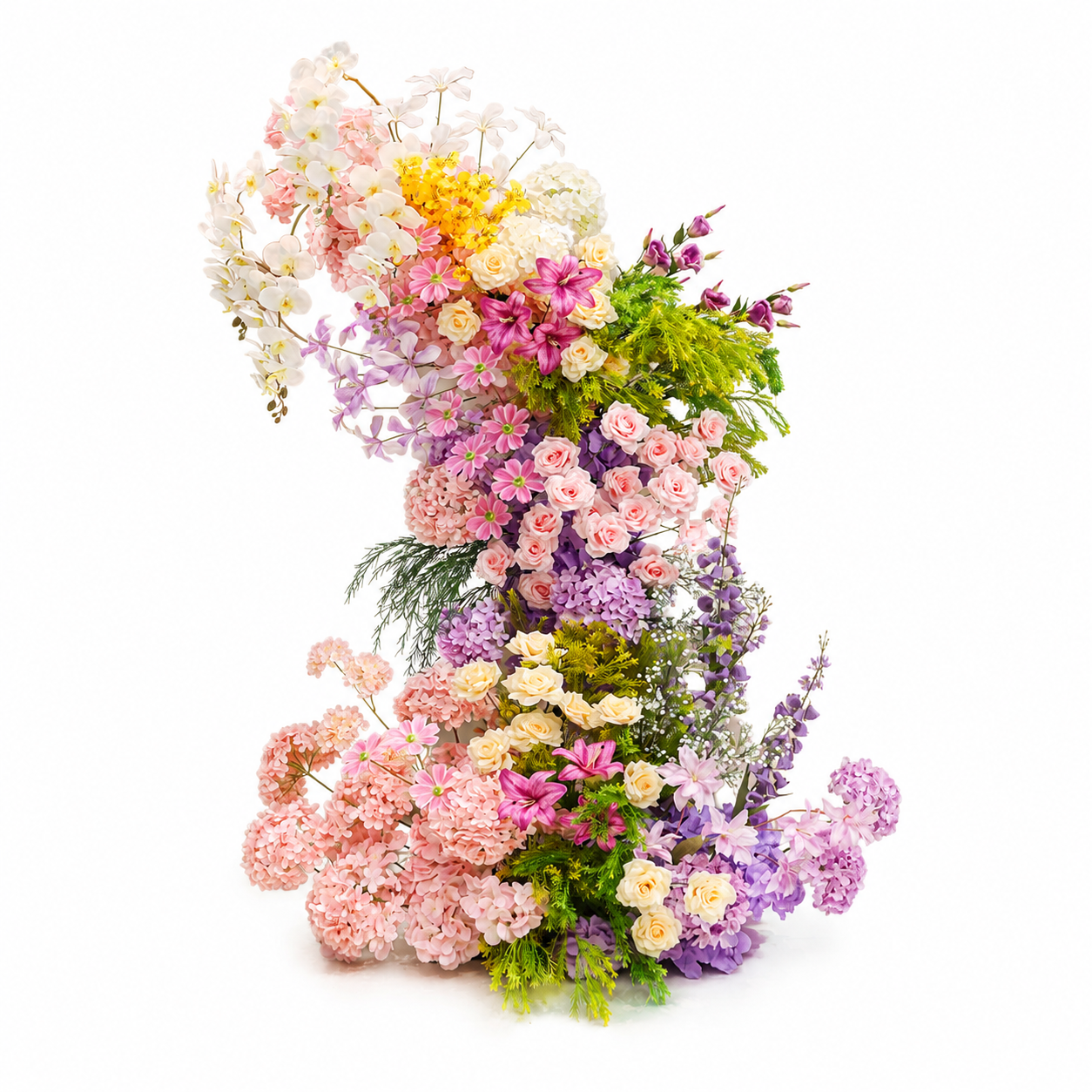 260cm Pink Purple Yellow Asymmetrical Floral Pillar Arrangement, Artificial Hydrangea Rose Orchid Vertical Flower Column, Wedding Aisle Sweetheart Table Floral Backdrop Decor, Stand Not Included