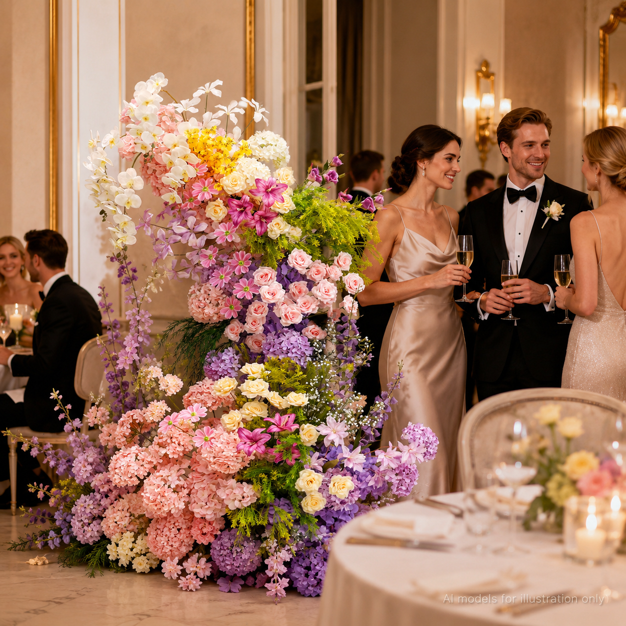 260cm Pink Purple Yellow Asymmetrical Floral Pillar Arrangement, Artificial Hydrangea Rose Orchid Vertical Flower Column, Wedding Aisle Sweetheart Table Floral Backdrop Decor, Stand Not Included