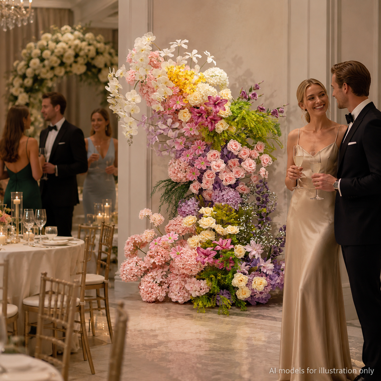260cm Pink Purple Yellow Asymmetrical Floral Pillar Arrangement, Artificial Hydrangea Rose Orchid Vertical Flower Column, Wedding Aisle Sweetheart Table Floral Backdrop Decor, Stand Not Included