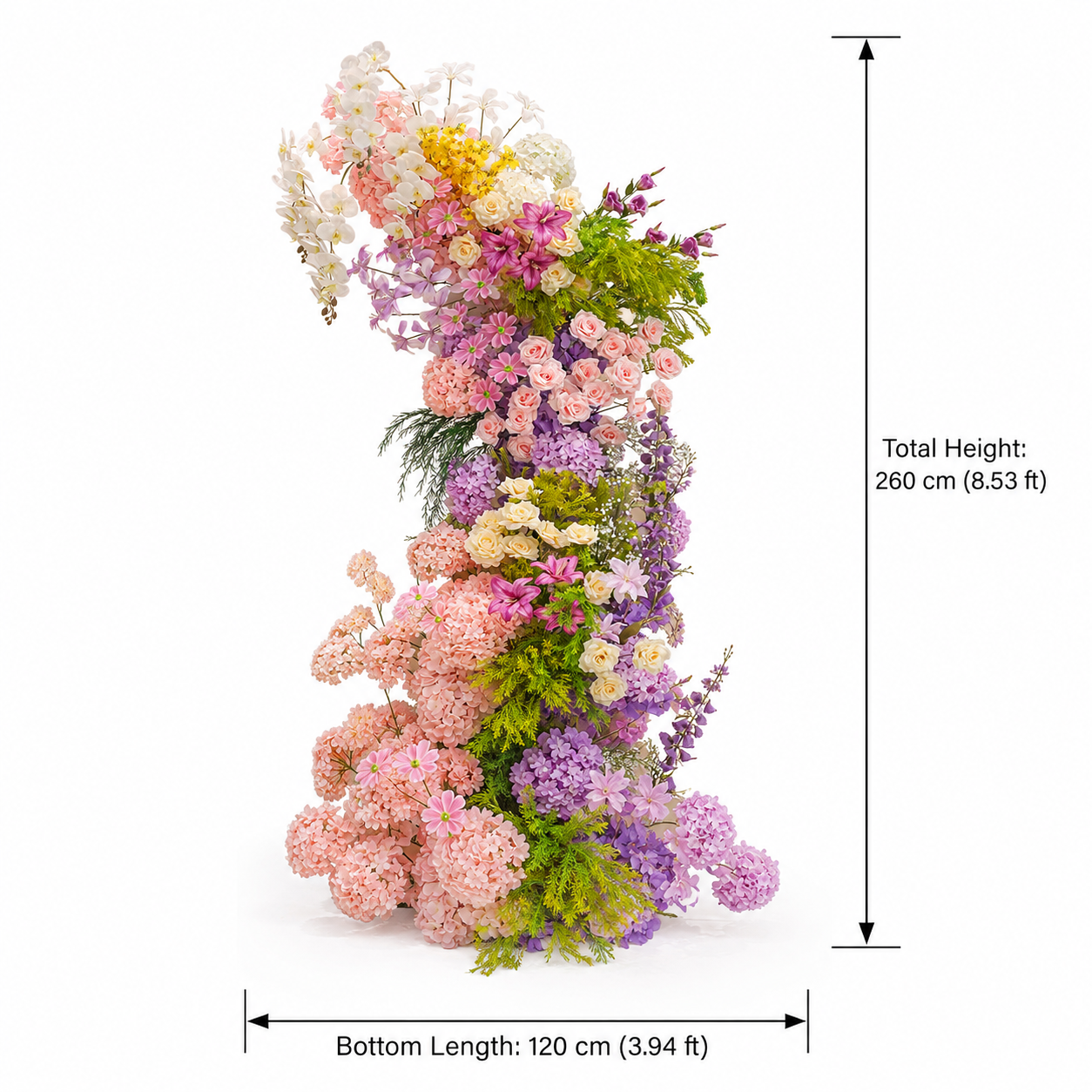 260cm Pink Purple Yellow Asymmetrical Floral Pillar Arrangement, Artificial Hydrangea Rose Orchid Vertical Flower Column, Wedding Aisle Sweetheart Table Floral Backdrop Decor, Stand Not Included