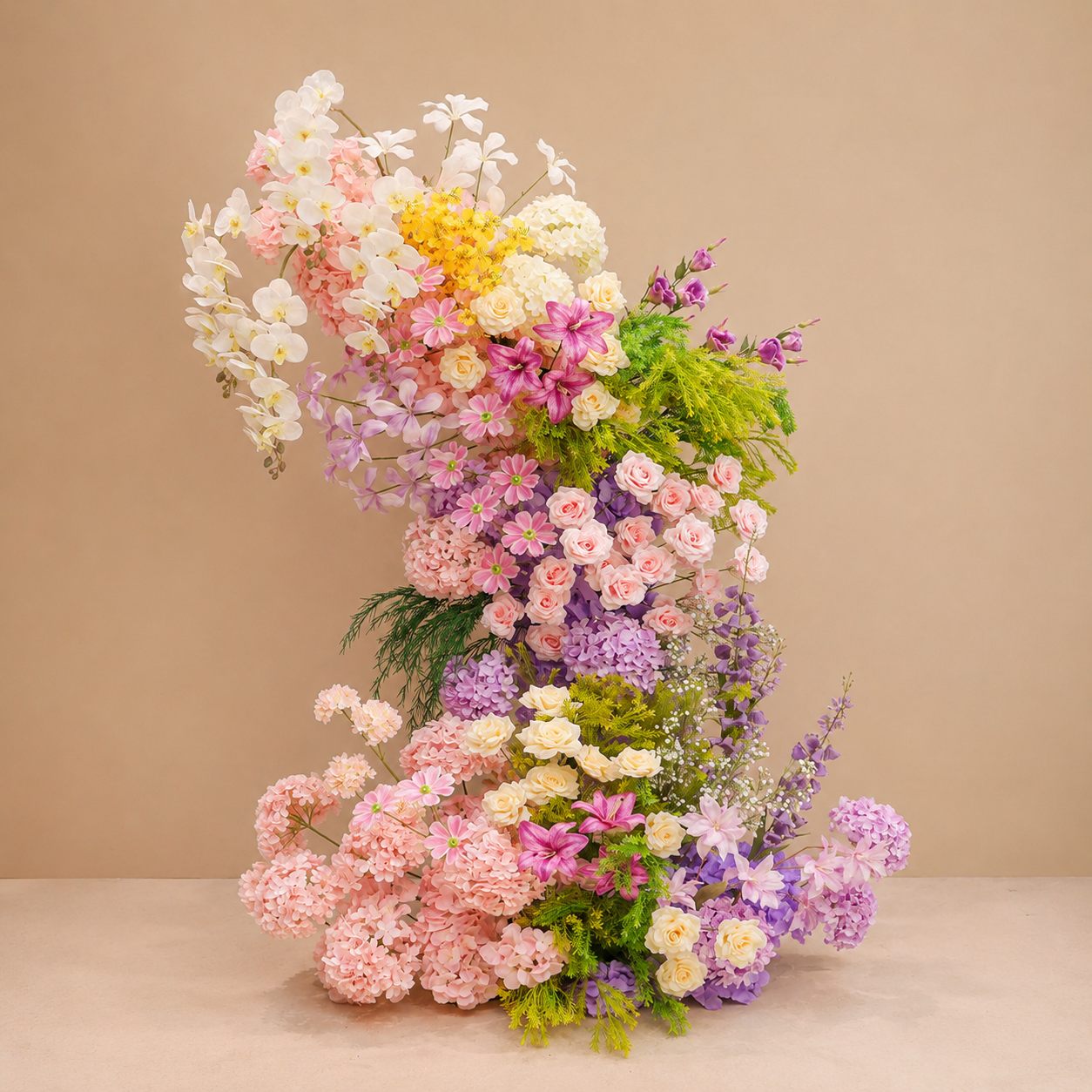 260cm Pink Purple Yellow Asymmetrical Floral Pillar Arrangement, Artificial Hydrangea Rose Orchid Vertical Flower Column, Wedding Aisle Sweetheart Table Floral Backdrop Decor, Stand Not Included