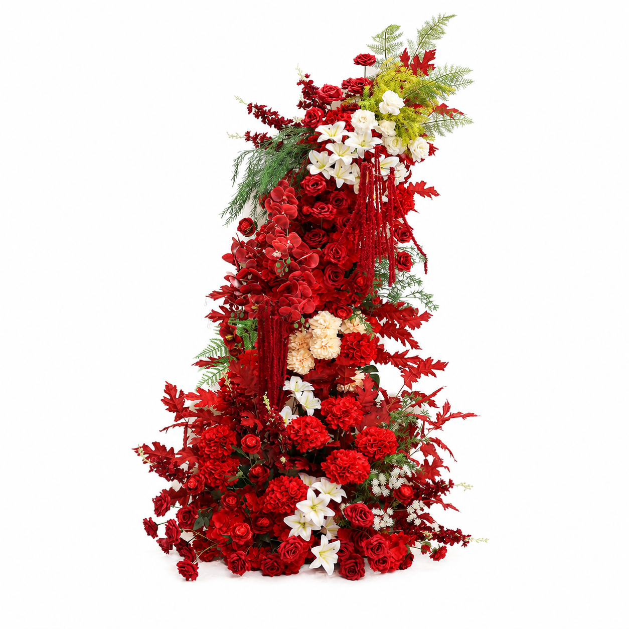 260cm Red White Asymmetrical Floral Pillar Arrangement, Artificial Red Rose Maple Leaf Vertical Flower Column, Fall Wedding Aisle Sweetheart Table Floral Backdrop Decor, Stand Not Included