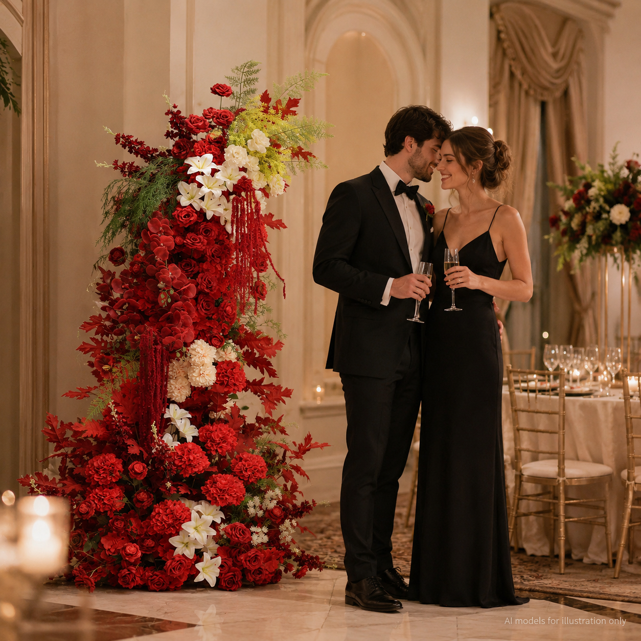 260cm Red White Asymmetrical Floral Pillar Arrangement, Artificial Red Rose Maple Leaf Vertical Flower Column, Fall Wedding Aisle Sweetheart Table Floral Backdrop Decor, Stand Not Included