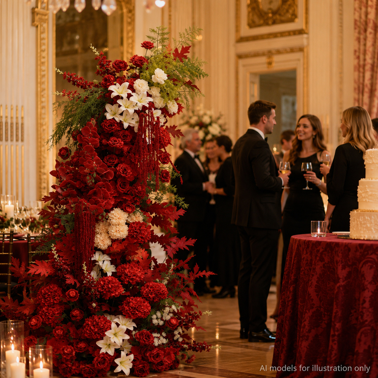 260cm Red White Asymmetrical Floral Pillar Arrangement, Artificial Red Rose Maple Leaf Vertical Flower Column, Fall Wedding Aisle Sweetheart Table Floral Backdrop Decor, Stand Not Included
