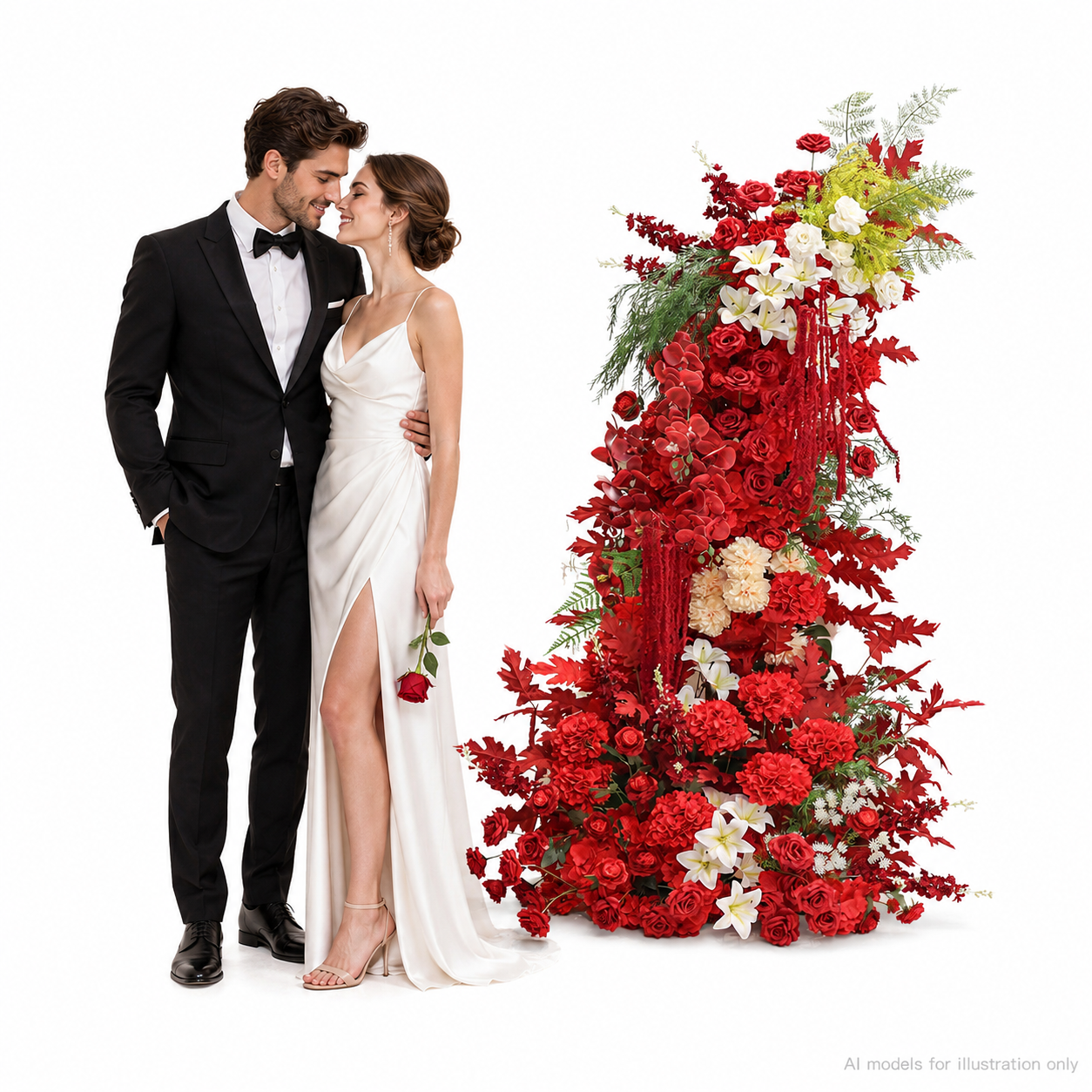 260cm Red White Asymmetrical Floral Pillar Arrangement, Artificial Red Rose Maple Leaf Vertical Flower Column, Fall Wedding Aisle Sweetheart Table Floral Backdrop Decor, Stand Not Included