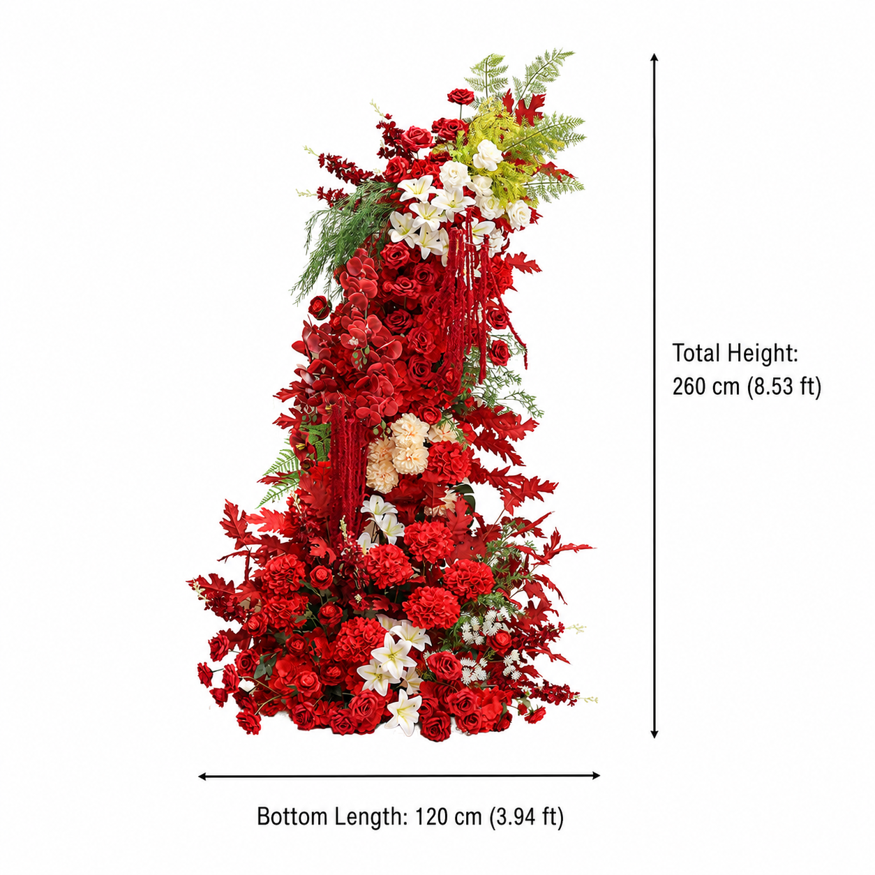 260cm Red White Asymmetrical Floral Pillar Arrangement, Artificial Red Rose Maple Leaf Vertical Flower Column, Fall Wedding Aisle Sweetheart Table Floral Backdrop Decor, Stand Not Included