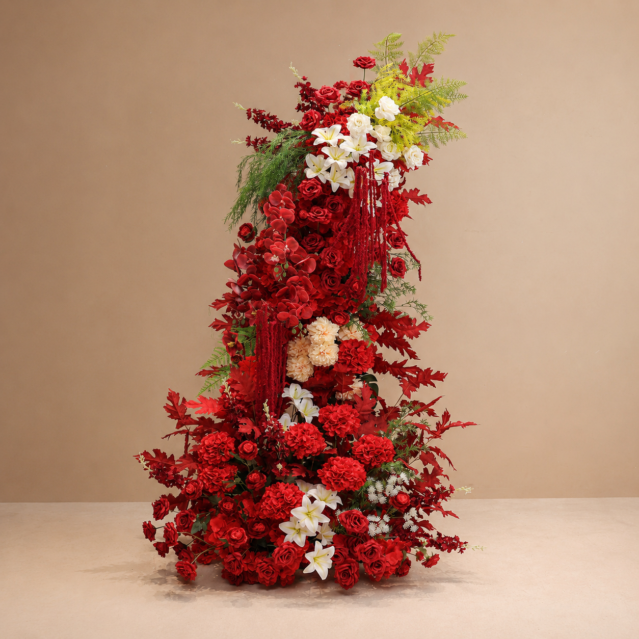 260cm Red White Asymmetrical Floral Pillar Arrangement, Artificial Red Rose Maple Leaf Vertical Flower Column, Fall Wedding Aisle Sweetheart Table Floral Backdrop Decor, Stand Not Included